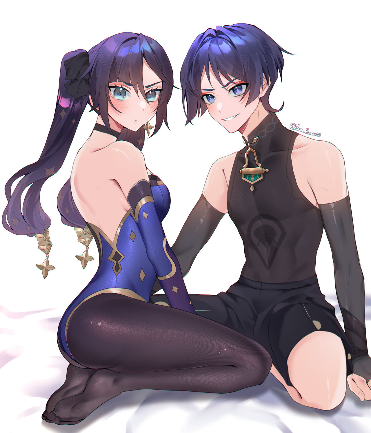 1boy 1girls bare_shoulders blue_eyes blue_hair female genshin_impact leotard male mona_(genshin_impact) pantyhose scaramouche_(genshin_impact) skin_tight straight strapless strapless_leotard thick_thighs thighs tight_clothing twintails