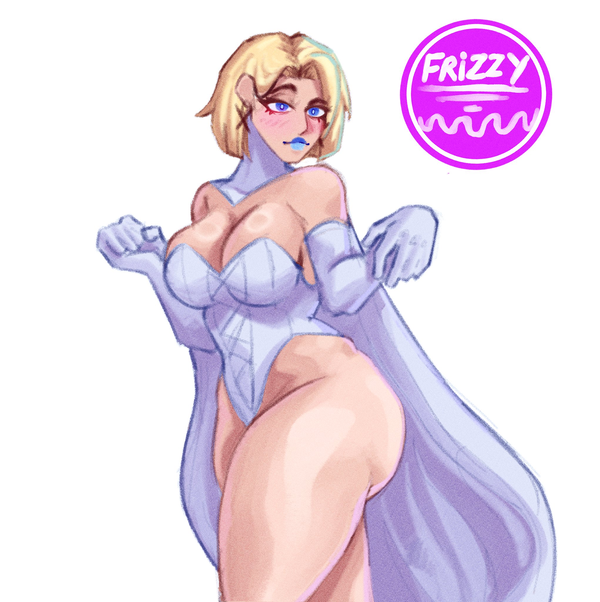 1girls, ass, blonde female, blonde hair, blue eyes, blue lipstick, bob cut, cleavage, clothed, clothing, emma frost, emma frost (marvel rivals), female, female only, frizzy (artist), leotard, marvel, marvel comics, marvel rivals, solo, solo female, thick thighs, thighs, white background, x-men