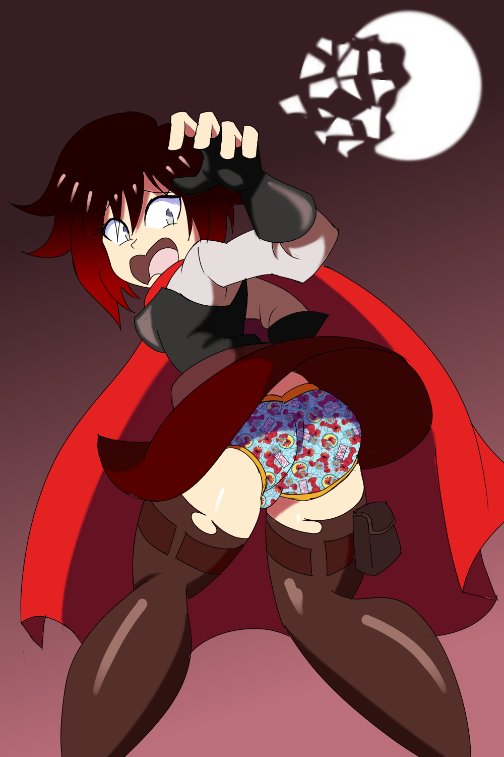 1girls ass blue_panties childish_panties elmo embarrassed female female_only imsomethingradical panties print_panties ruby_rose rwby sesame_street solo underwear upskirt