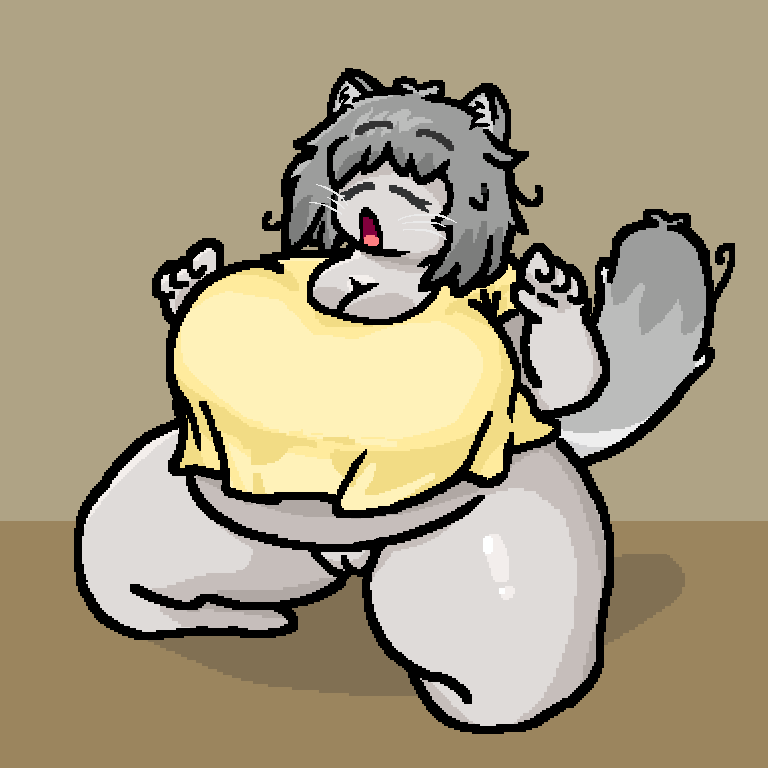 anthro big_breasts big_thighs cat_ears cat_girl catgirl chubby chubby_anthro chubby_belly chubby_female closed_eyes fluffy_tail furry grey_body grey_fur grey_hair messy_hair noscope360 oc original_character pussy_peek roblox roblox_avatar self_upload short_hair simple_background sitting solo_female waking_up whiskers yawn yawning yellow_shirt