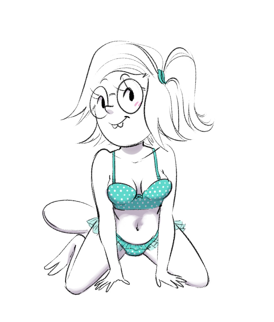 2010s 2016 2_toes 5_fingers anthro blue_swimsuit blush buckteeth cartoon_network cleavage eileen_roberts eyelashes female glasses hair_tie minimal_color mole mole_(marking) mole_girl mymoonjelli no_sex on_knees paradoxjelli regular_show ruffles short_hair side_ponytail smile solo swimsuit swimsuit_skirt two_piece_swimsuit white_background