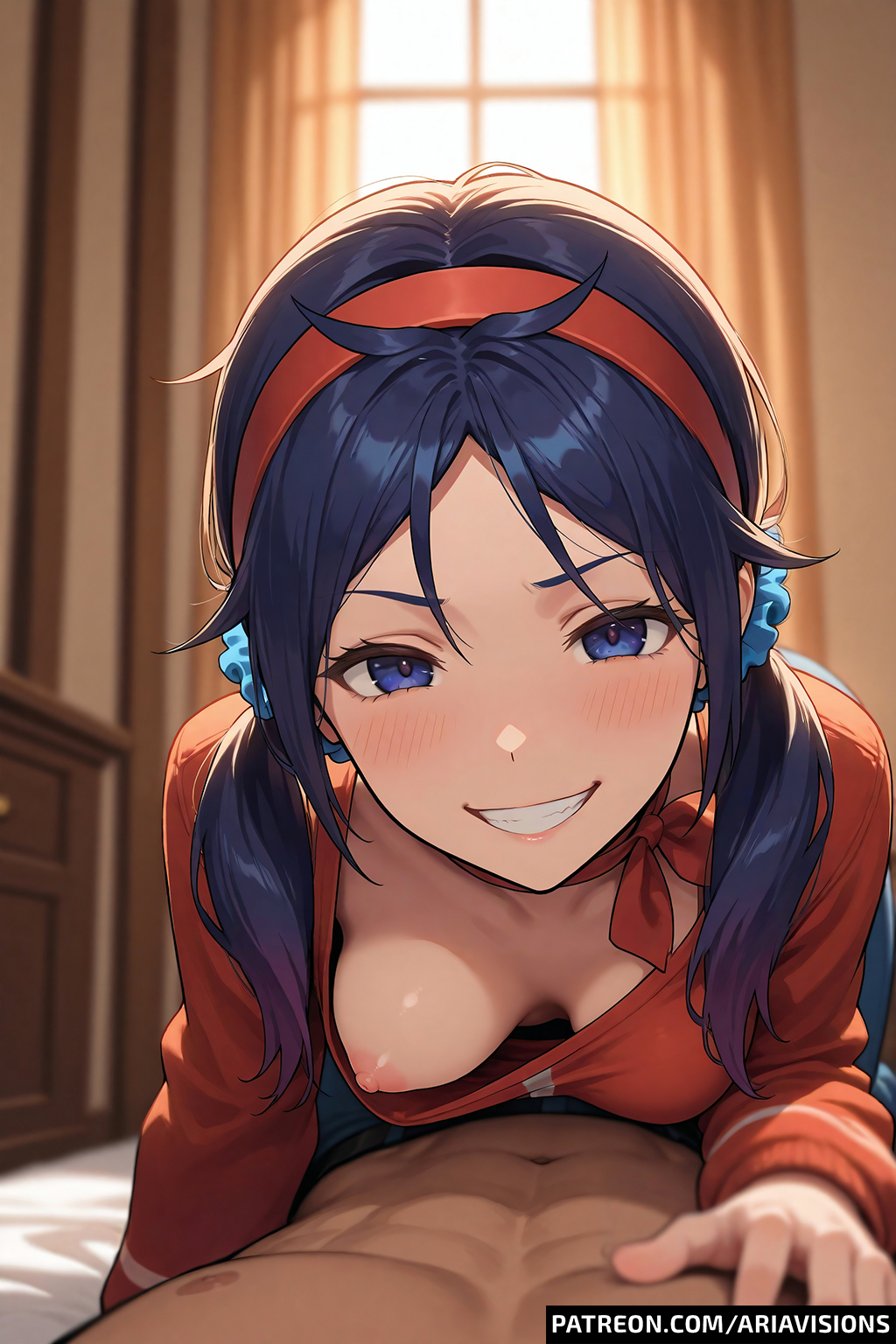 ai_generated ariavisions blue_eyes blue_hair crawling grin miside mita on_top one_breast_out red_hairband twintails