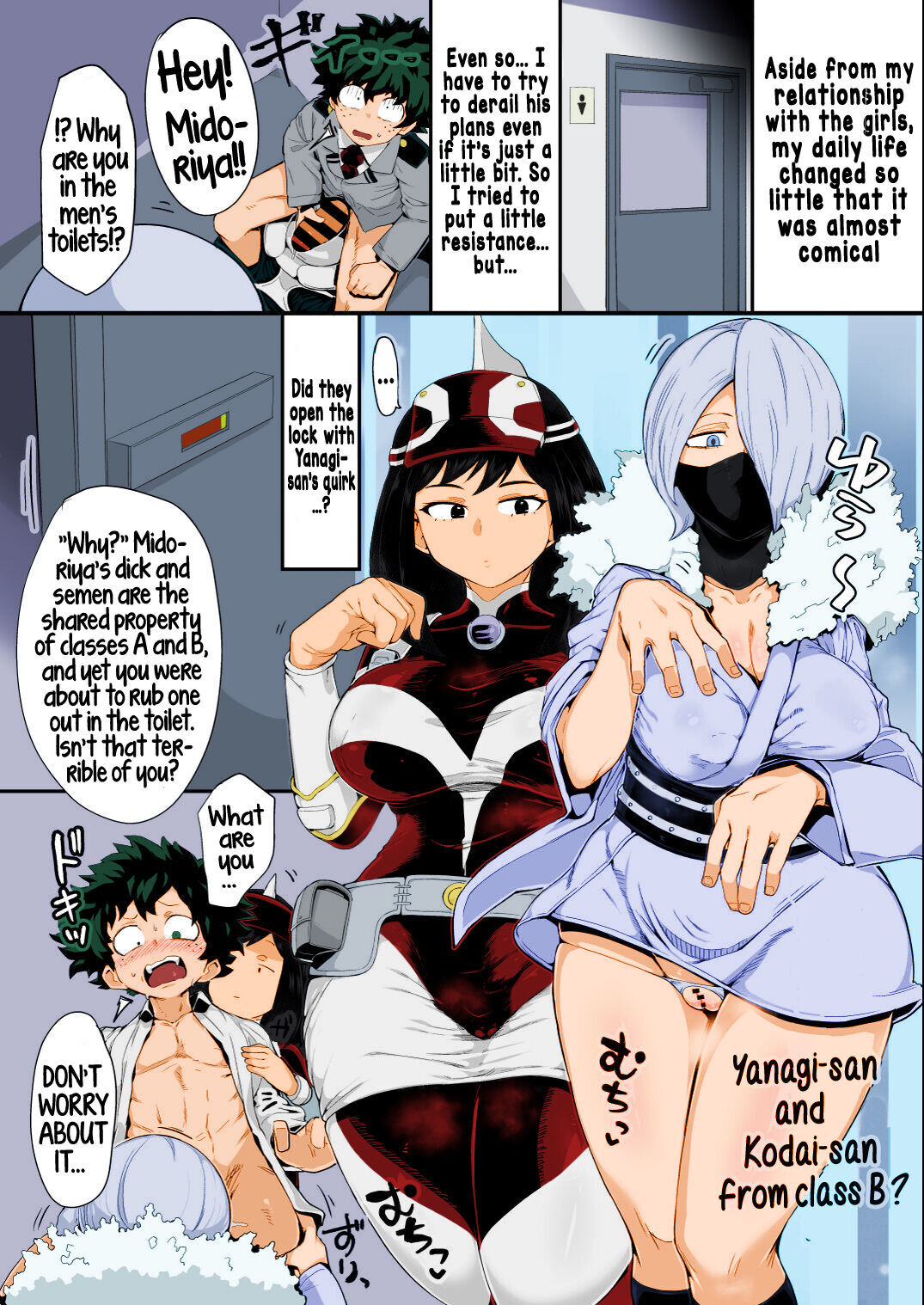 1boy2girls 2d boku_no_hero_academia caught_masturbating censor_bar censored color deku doujin doujinshi face_mask giant_ass giant_breasts hat hero_outfit_(mha) huge_breasts huge_cock izuku_midoriya massive_breasts masturbation my_hero_academia nipples nipples_visible_through_clothing penis penis_out pussy pussy_visible_through_clothes pussy_visible_through_panties r-one reiko_yanagi school_uniform thick_thighs tight_clothing toilet yui_kodai