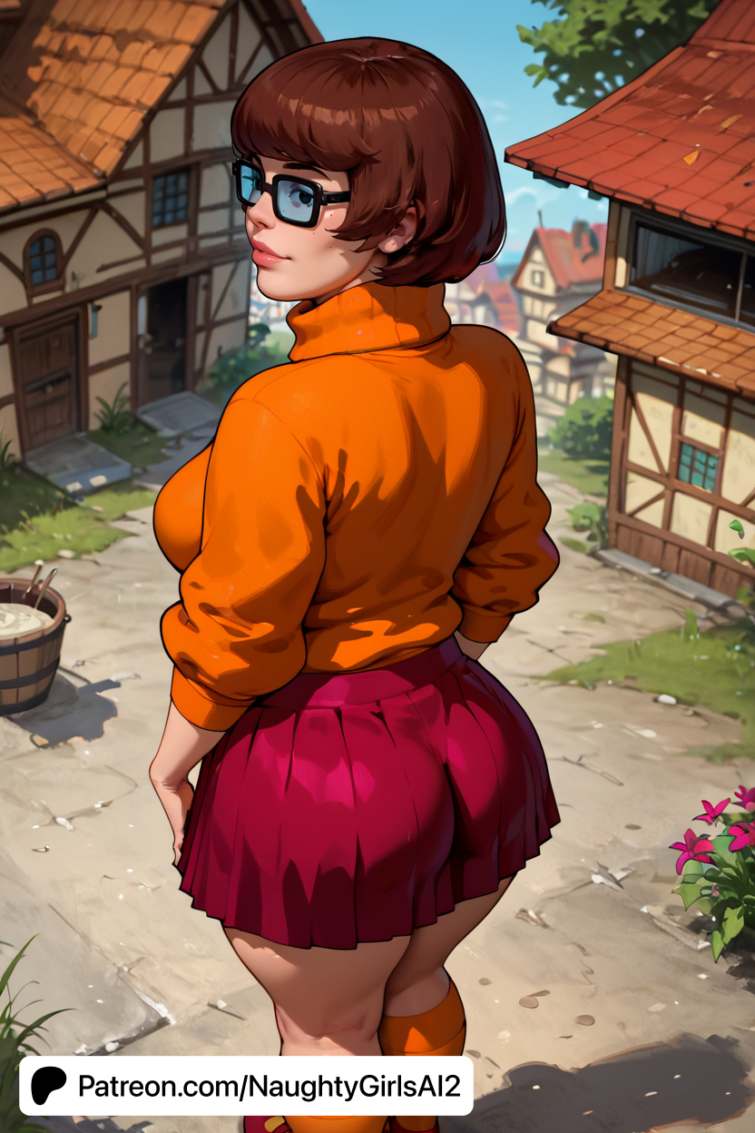 ai_generated ass big_breasts blue_eyes brick_wall brown_hair building cartoon_network city curvy day eyewear female freckles from_behind glasses grass hanna-barbera lips looking_at_viewer looking_back naughtygirlsai orange_sweater outdoors patreon_username plant plump potted_plant road scooby-doo short_hair skirt smile solo sweater velma_dinkley