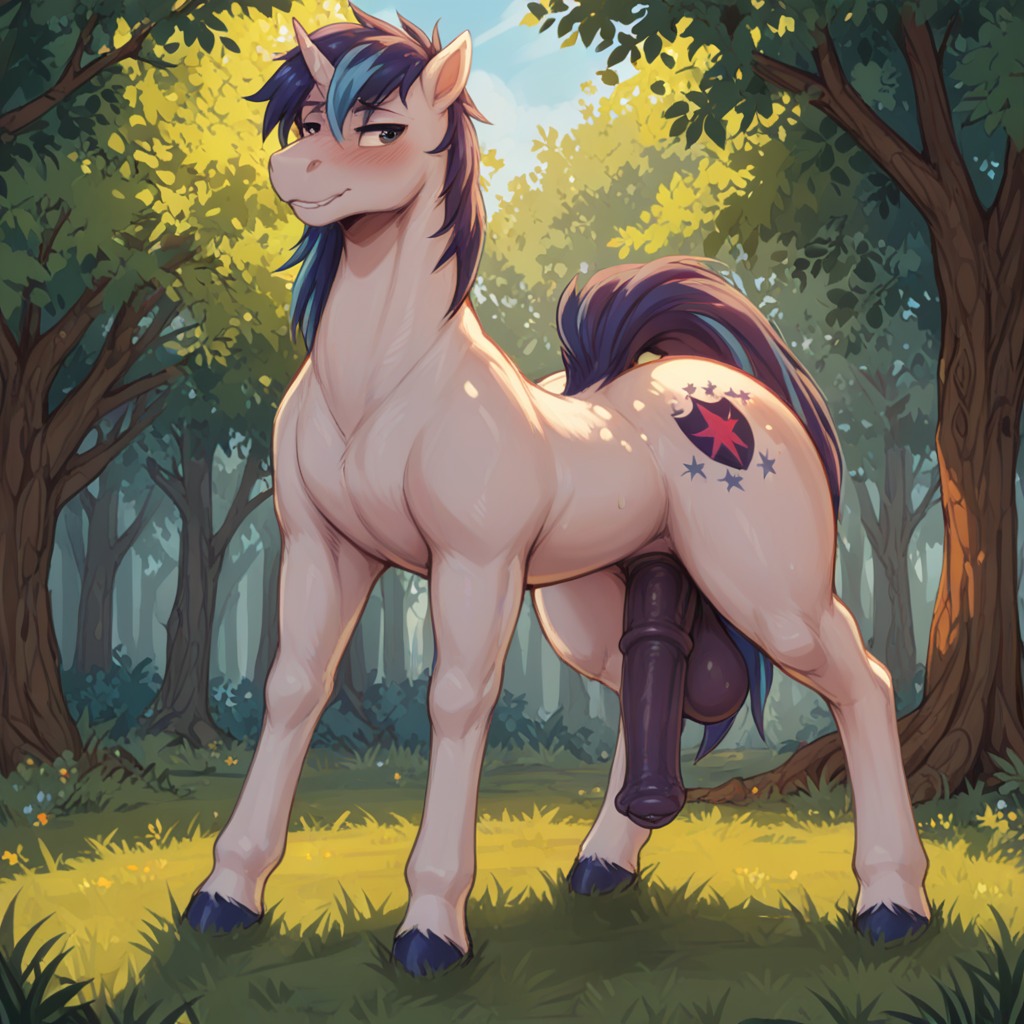 ai_generated animal_genitalia animal_penis balls blush cutie_mark equid equine equine_genitalia equine_penis feral flower forest genitals grass horse looking_at_viewer male mammal my_little_pony nameynamename outside penis plant shining_armor_(mlp) sky solo tree