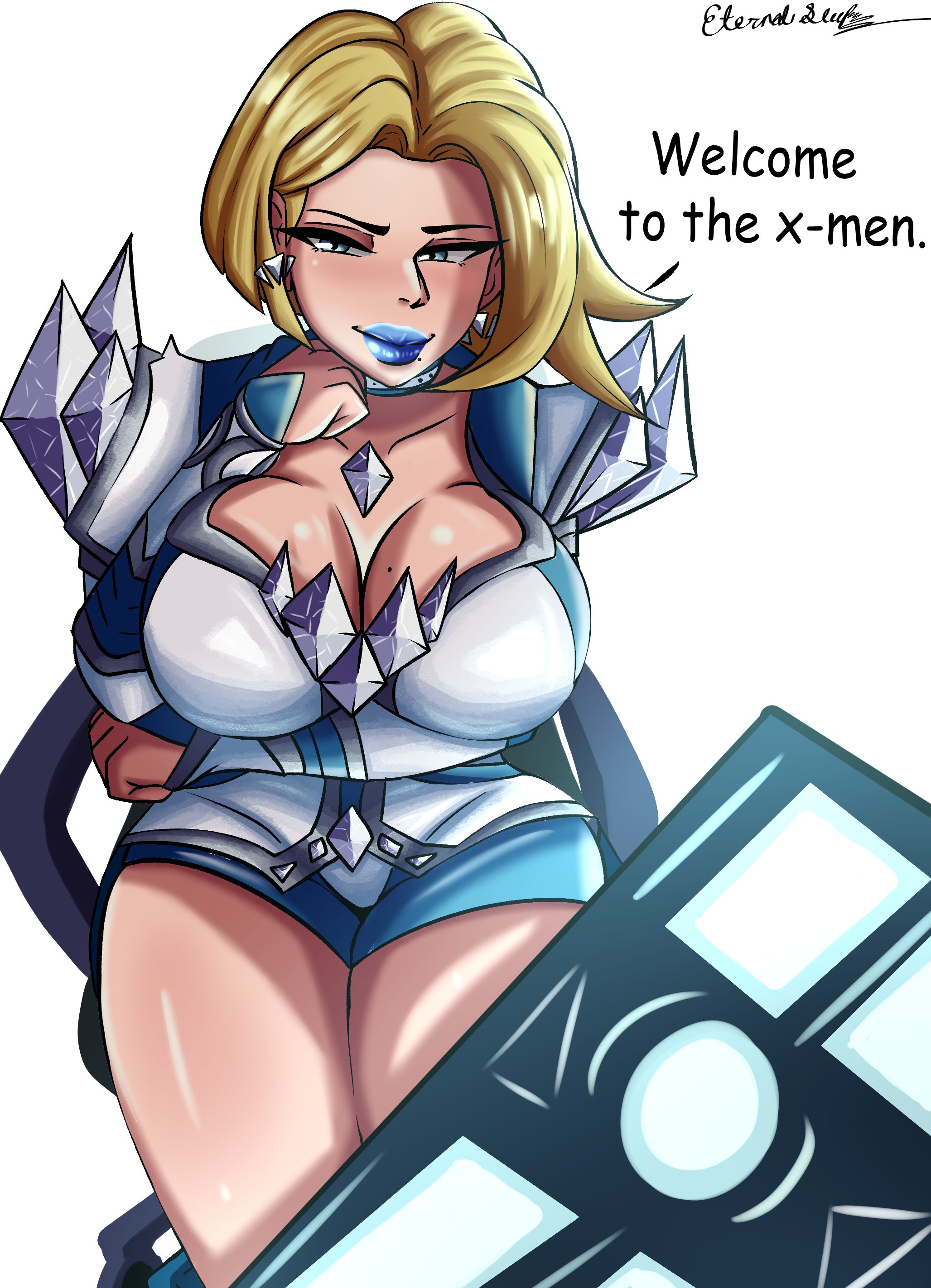 1girls, bending down, big breasts, blonde female, blonde hair, blonde-haired female, blue lipstick, breasts, clothed, clothed female, emma frost, emma frost (marvel rivals), eternalsleeper2, female, female focus, female only, marvel, marvel comics, marvel rivals, pov, seductive, solo, solo female, solo focus, talking to viewer, taller female, thick thighs, thighs