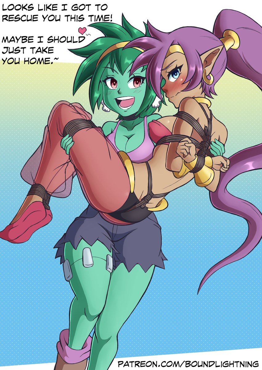 2girls arms_behind_back blush bondage bound boundlightning female female_focus female_only femsub human light-skinned_female light_skin rope rope_bondage rottytops shantae shantae_(character) text