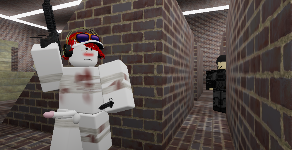 approaching assault_rifle bandage bandages bayonet blush blush blush_lines bruises chicken_gun erect_penis glasses glasses_on_head hiding knife m4_carbine m4a1 naked phantom_forces pink_penis_tip red_hair roblox roblox_studio robloxian soldier tactical_gear testicles visor_cap wounded