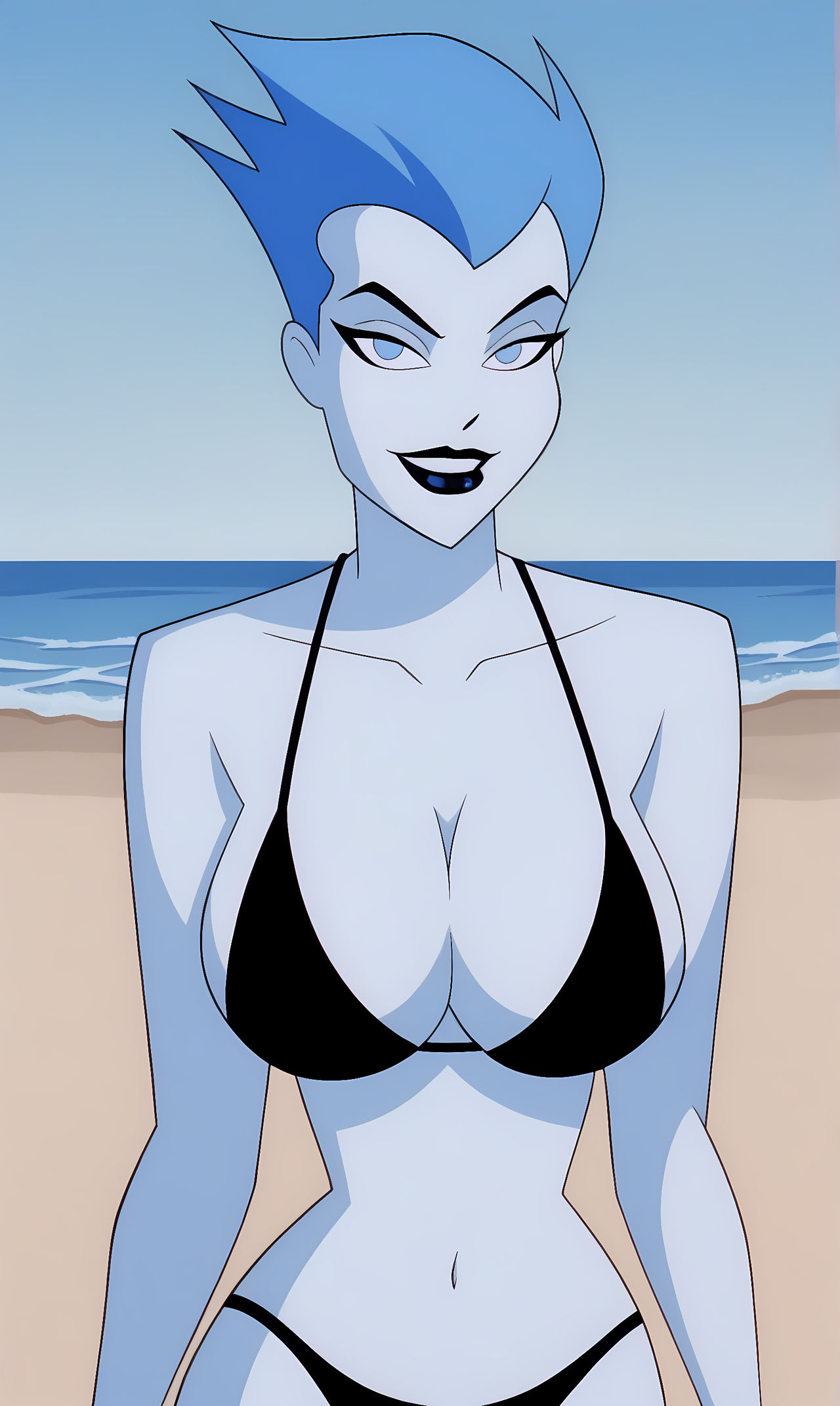 1girl 1girls 2024 2024s ai_generated beach bedroom_eyes belly_button big_breasts bikini black_bikini black_lips blue_eyes blue_hair blue_skin blue_skinned_female blue_sky bonnieaiart breasts clothing dc dc_comics dcau eyelashes female female_focus female_only hair hi_res huge_breasts large_breasts lips livewire looking_at_viewer narrowed_eyes navel ocean pale-skinned_female pale_skin sand short_hair smile smiling smiling_at_viewer solo solo_female solo_focus spikey_hair stable_diffusion standing superman:_the_animated_series superman_(series) swimsuit tagme teeth two-piece_swimsuit villainess water white_body white_skin wide_hips