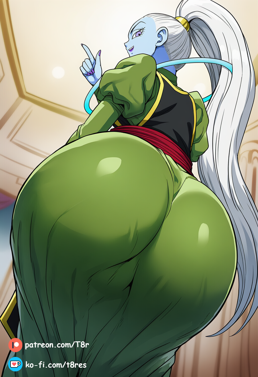 ai_generated ass ass_bigger_than_head ass_focus big_ass clothed clothing dragon_ball dragon_ball_super dragon_ball_z long_hair looking_at_viewer narrow_waist patreon ponytail smile smiling t8r vados viewed_from_below white_hair wide_hips