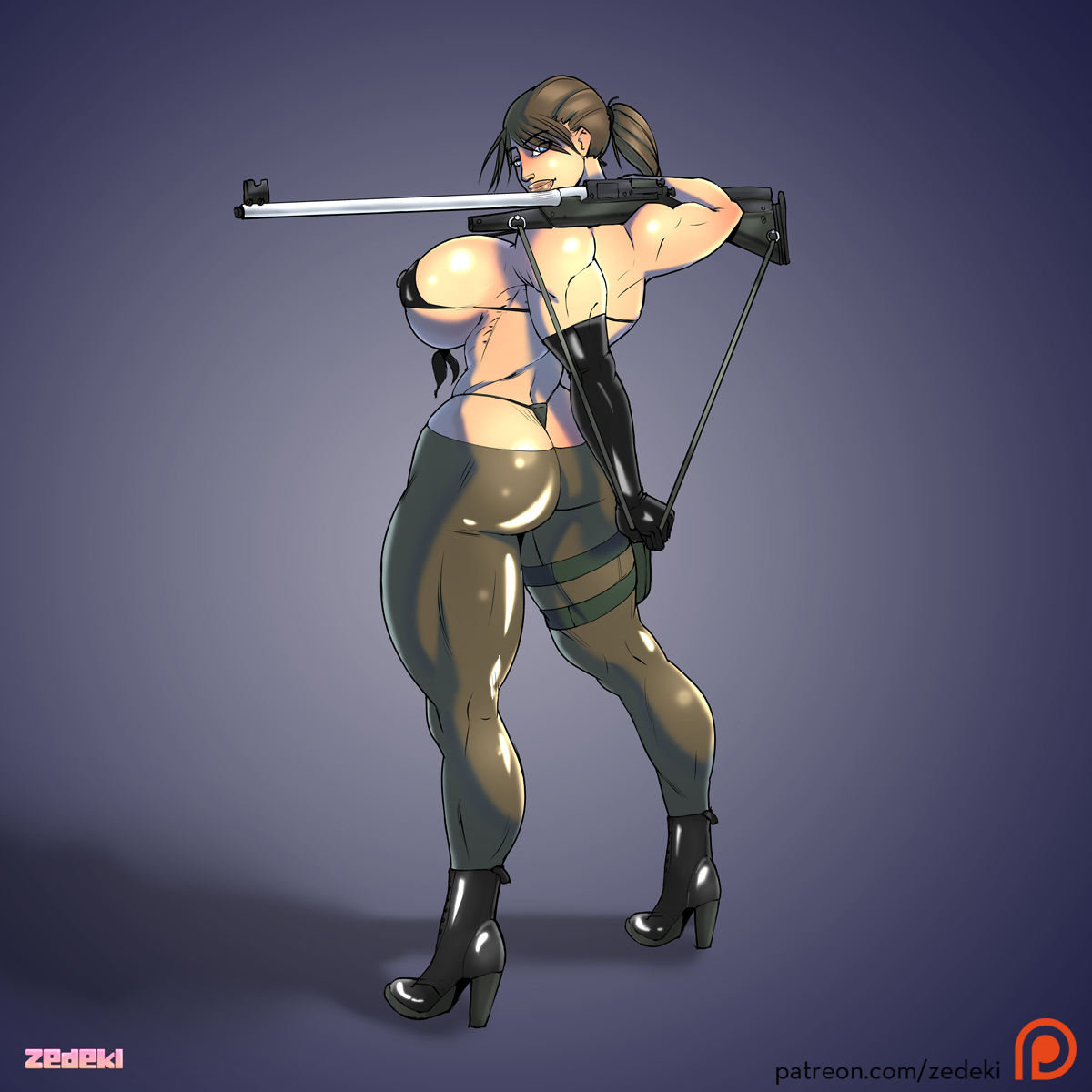ass, big breasts, boots, breasts, elbow gloves, female, gloves, gun, metal gear solid, muscular, muscular female, quiet (metal gear), rifle, sideboob, thick thighs, zedeki