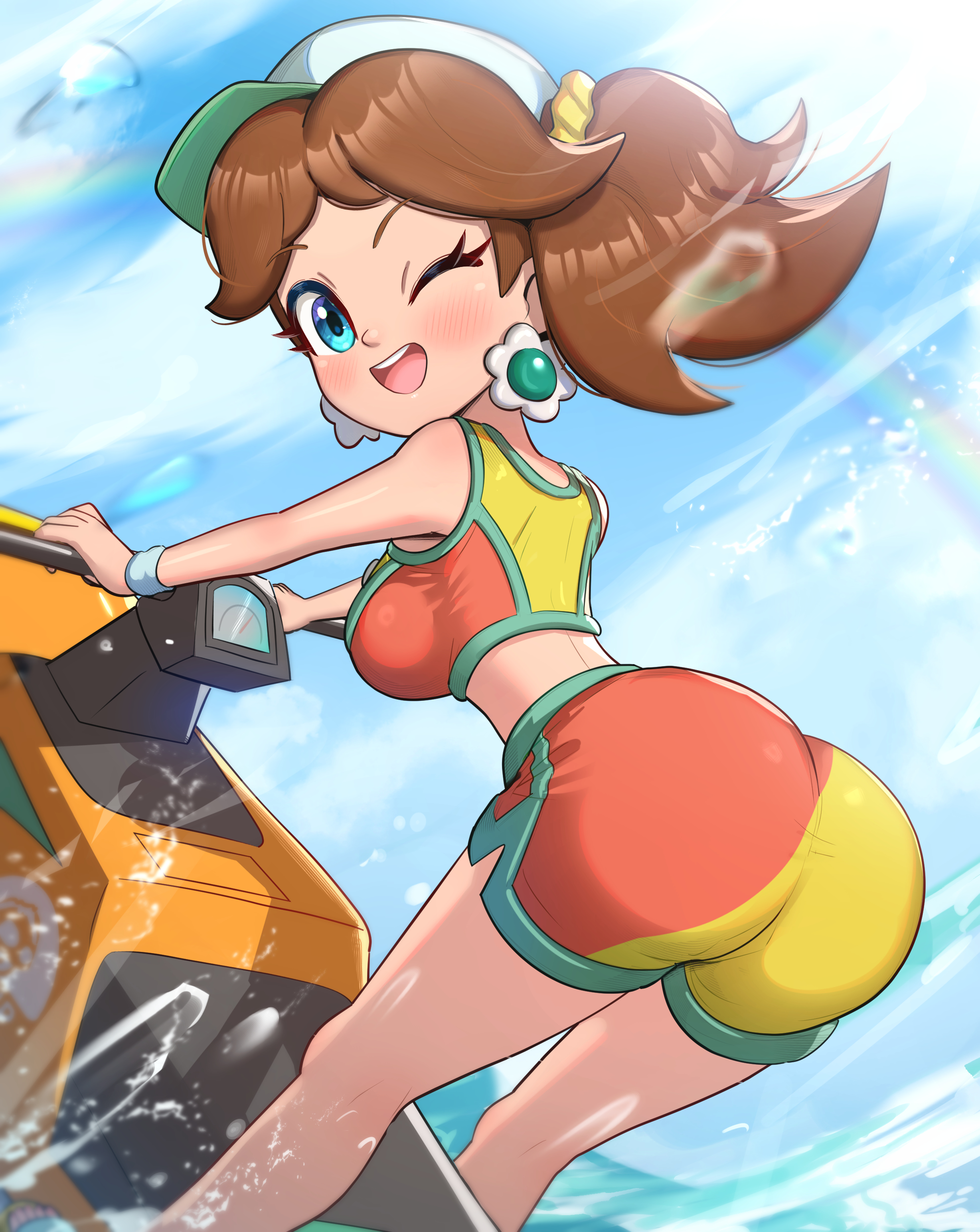 1girls, absurdres, ass, blue eyes, brown hair, female, female only, gonzarez, highres, huge ass, mario (series), mario kart, mario kart world, nintendo, official alternate costume, ponytail, princess daisy, princess daisy (swimwear), sandals, solo