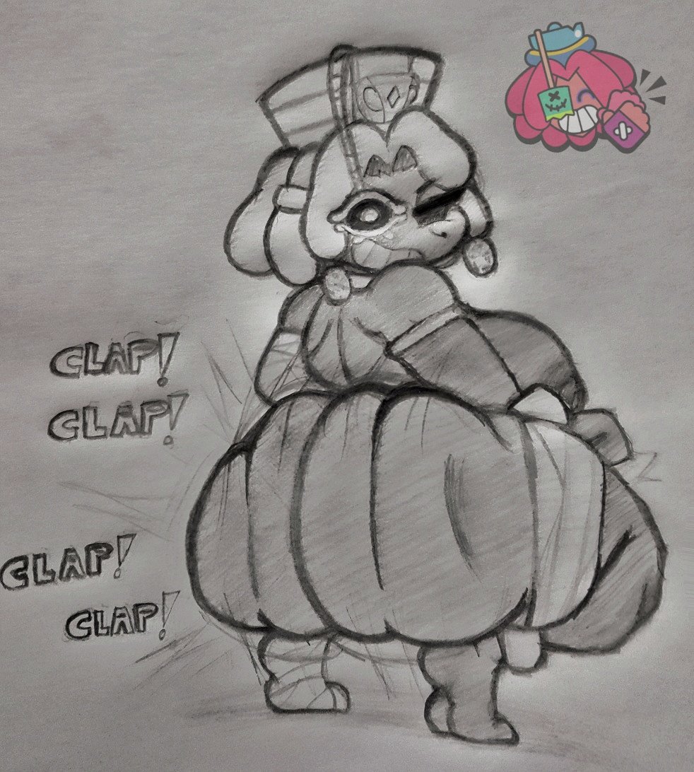 areolae, arm sleeves, ass, ass clapping, ass focus, bandage, big ass, big butt, black and white, brawl stars, clap (sound effect), clapping, clapping ass, clapping cheeks, collar, dark skin, dark-skinned female, earings, egyptian clothes, eyepatch, fat ass, feet, female, greyscale, hat, huge ass, huge butt, juju (brawl stars), looking back, makeup, monochrome, nipples, onomatopoeia, over eyes, pencil (artwork), queen juju (brawl stars), rand0m 293, short hair, smile, smiling, supercell, traditional media (artwork), tremble spikes