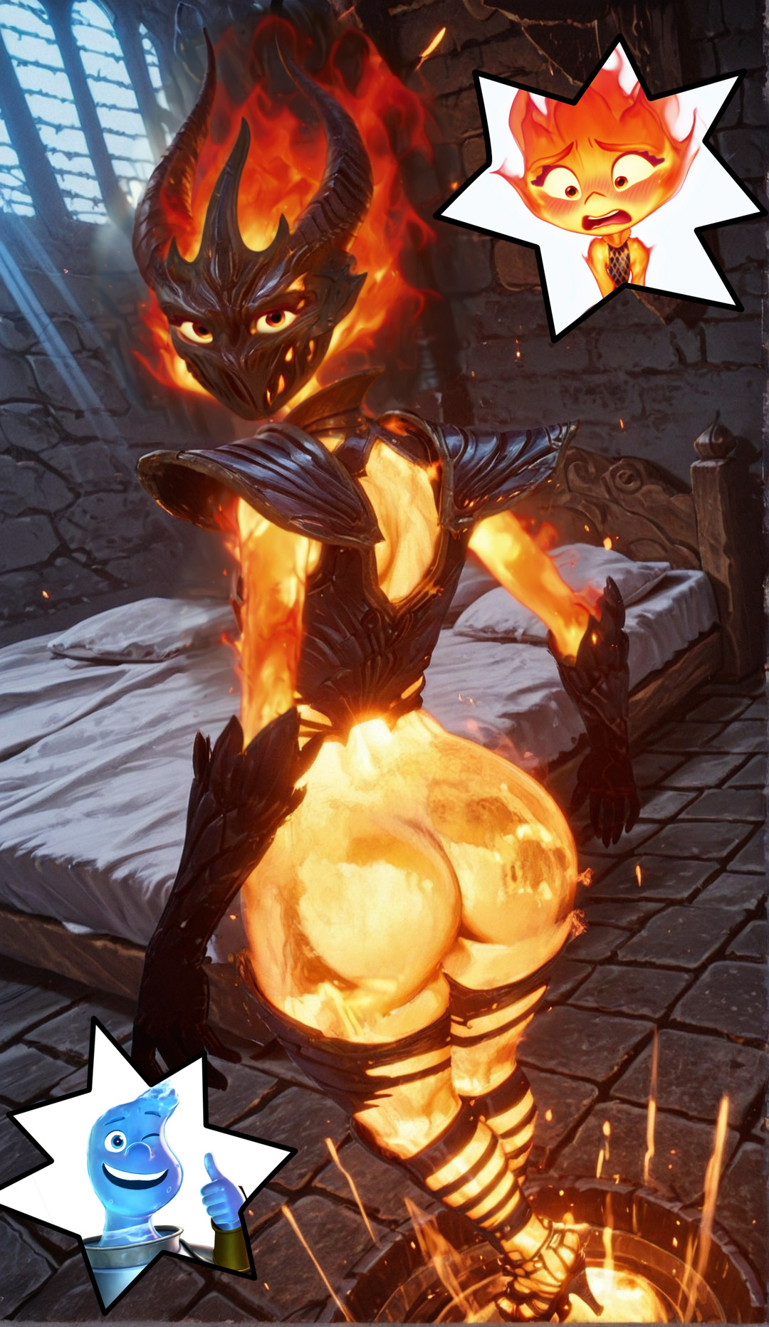 1boy, 1girls, ai assisted, ai generated, ass, ass focus, bed, bedroom, bethesda softworks, blush, bottomless, bubble ass, bubble butt, cosplay, dungeon, elemental (pixar), embarrassed, embarrassed female, ember lumen, female, flame atronach, gloves, high heels, horns, male, mask, oblivion, pixar, roleplay, shoulder pads, the elder scrolls, the elder scrolls iv: oblivion, thumbs up, wade ripple, winking