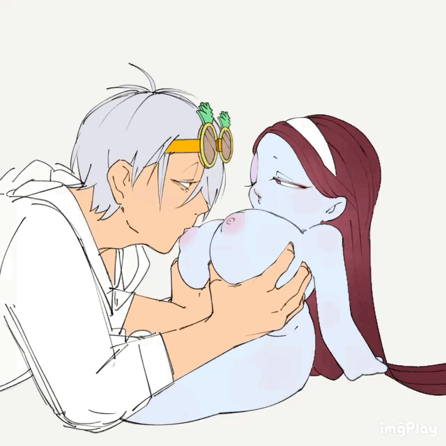 1boy, 1girls, alternate costume, animated, auburn hair, big breasts, big forehead, blue body, blue skin, bouncing breasts, breast grab, breast sucking, breasts, canon couple, chibi, clothed male nude female, female, gegege no kitarou, ghost girl, hairband, huge breasts, husband and wife, iwako (gegege no kitarou), kitarou tanjou gegege no nazo, long hair, looking at another, machiyaenisi, male, married couple, medama oyaji (human), micro bikini, micro female, milf, nude, nude female, official alternate costume, one eye closed, puffy nipples, shortstack, sunglasses, sunglasses on head, sweat, very long hair, white hair, youkai