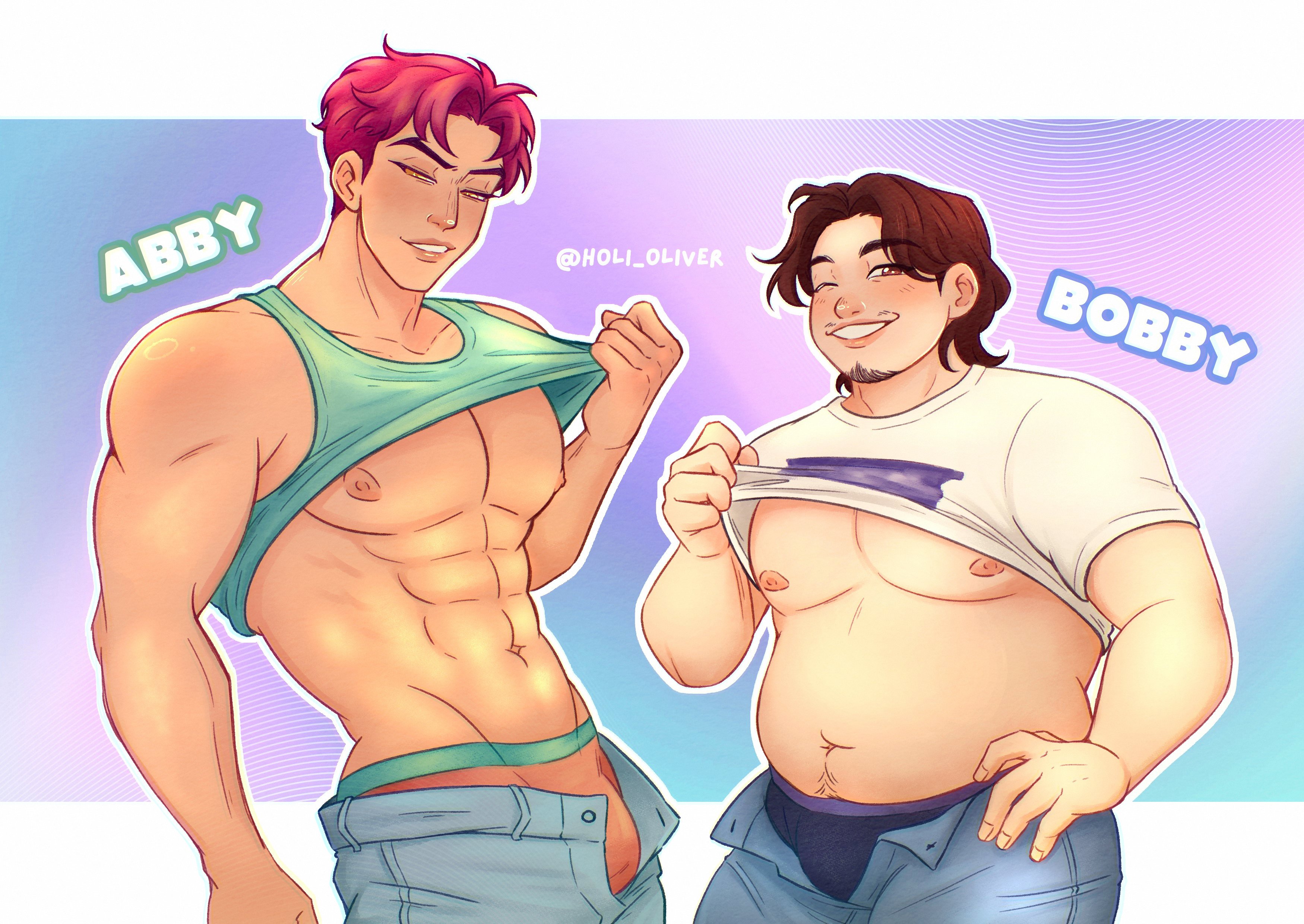 2boys, abby (kpop demon hunters), abs, artist name, bara, biceps, blush, bobby (kpop demon hunters), bulge, chubby, chubby male, holi oliver, kpop demon hunters, male, male focus, male only, muscular, muscular arms, muscular chest, muscular male, netflix, nipples, pants, pecs, pectorals, saja boys, shirt, shirt lift, simple background, smile, text, underwear, yaoi