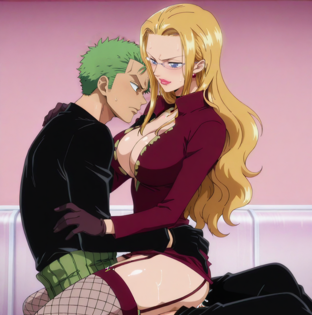 ai_generated blonde_hair fishnet_legwear glasses kalifa kalifa_(one_piece) lipstick one_piece roronoa_zoro sex