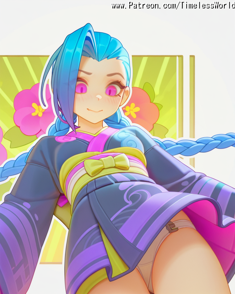 (league 2025 ai_assisted ai_generated arcane artist at bangs below blonde_hair blue blush braid braids breasts closed clothes colored down eyes female flower from hair high_quality high_res high_resolution highres japanese jinx jinx_(arcane) jinx_(league_of_legends) kimono league_of_legends legends) long looking mouth name oerba_yun_fang of panties patreon pink sash sensitive shiny shot skin sleeves smile solo stable_diffusion timelessworld twin underwear upskirt viewer watermark white