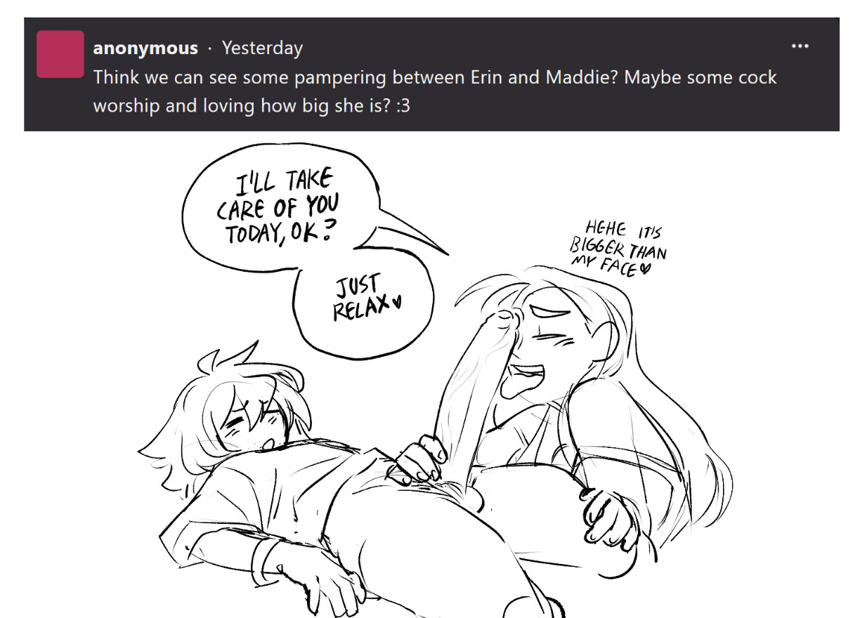 1futa, 1girls, 2d, age difference, ask blog, big cock, big penis, blush, catgrrrlriot, closed eyes, cock worship, daughter, dialogue, dickgirl, dickgirl/female, english, english dialogue, english text, erin (catgrrrlriot), fellatio, female, futa on female, futa/female, futanari, gentle, gentle femdom, gentle mommy, hand on penis, huge cock, hung, hung futa, hung transfem, incest, intersex, large penis, licking penis, long hair, looking pleasured, lying, lying on back, maddie (catgrrrlriot), mature female, milf, monochrome, mother, mother and daughter, older dom younger sub, older female, original, original character, pampering, parent, parent and child, penis, penis awe, pubic hair, questions and answers, simple background, sketch, speech bubble, t-shirt, t-shirt only, text, thick eyebrows, tongue, tongue out, trans woman, transfem, uncensored, veiny penis, younger futa