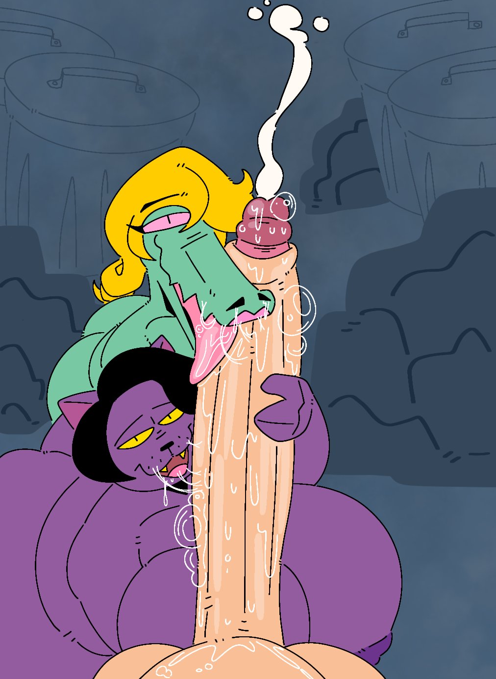 2girls, alley, alternate version available, anthro, areolae, ass, bbw, black hair, blonde hair, bratty (undertale), bubble ass, bubble butt, catty (undertale), chubby, crocodilian, cum, cum bubble, cumshot, dumpster, fat, fat folds, feline, female, furry, green body, hair over one eye, hoovedleader, human, lipstick, long penis, love handles, male, naked, naked female, nipples, nude, nude female, overweight, penis, pink eyes, precum, precum bubble, purple body, purple nipples, saliva, saliva trail, skinny, slobber, stroking penis, undertale, white penis, white skin, yellow eyes
