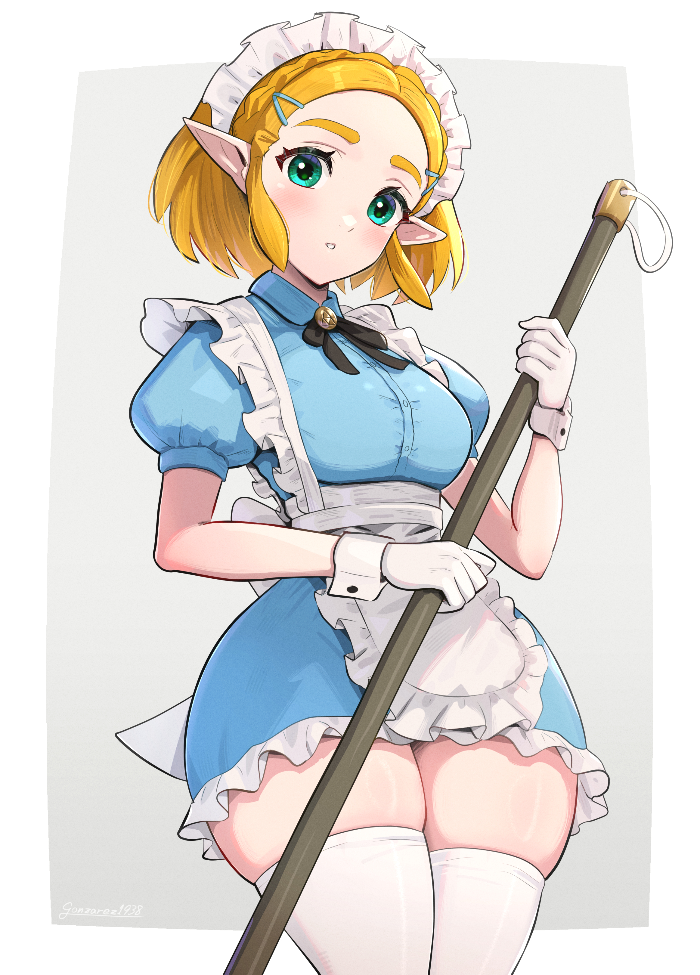 1girls, absurdres, alternate costume, apron, blonde hair, elf, enmaided, female, female only, gloves, gonzarez, hair ornament, hairpin, highres, looking at viewer, maid, maid apron, maid headdress, nintendo, pointy ears, princess zelda, short hair, simple background, skindentation, solo, tears of the kingdom, the legend of zelda, thick eyebrows, thick thighs, thighhighs, thighs, white gloves, white thighhighs, wide hips, zelda (tears of the kingdom)