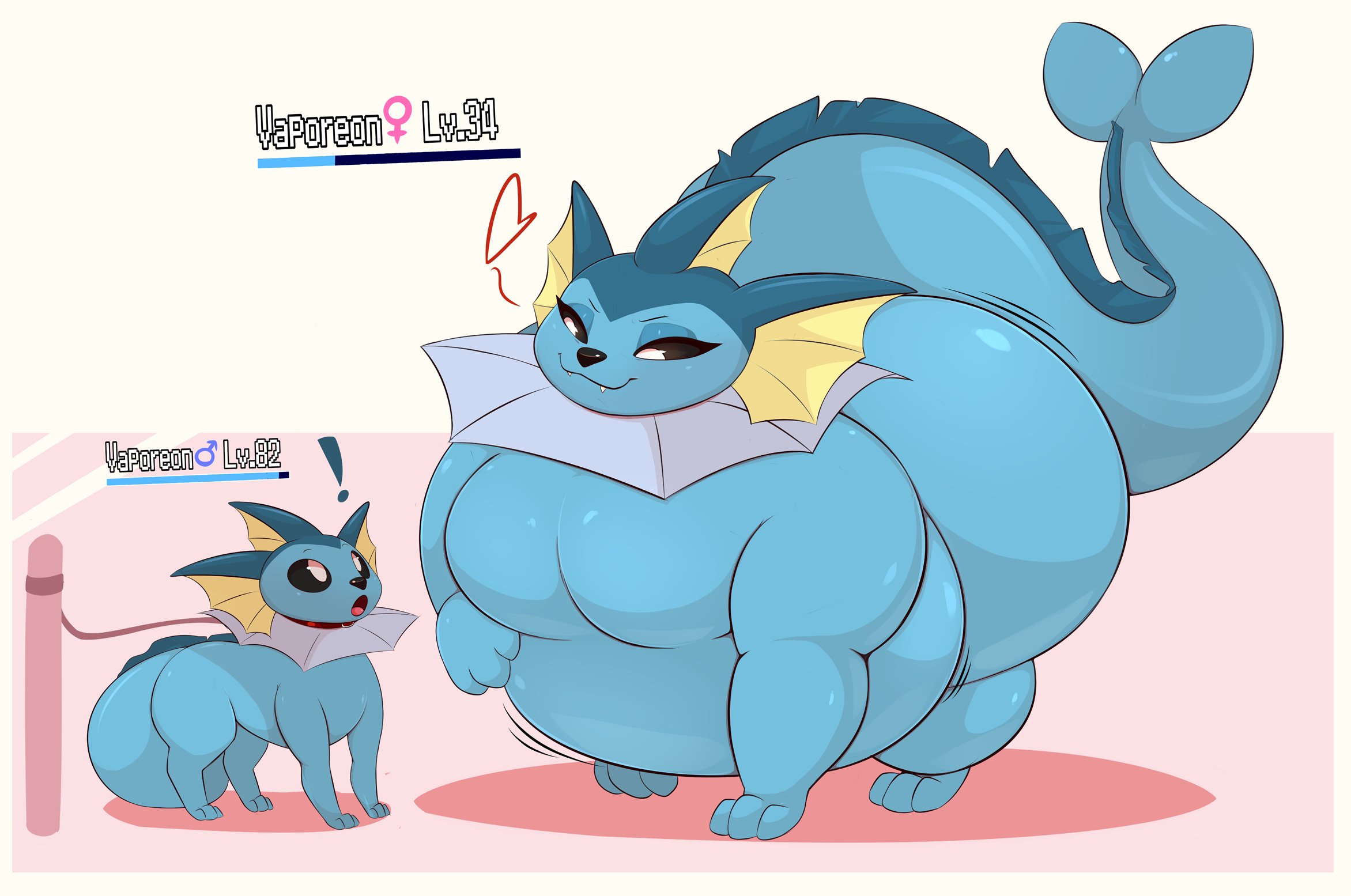 :o, !, 1boy, 1female1male, 1girls, 1male1female, 2022, 2d, 2d (artwork), 2pokemon, ass, ass expansion, belly, belly expansion, big ass, big belly, big butt, big female, big female small male, big thighs, bigger female, black muzzle, black nose, black sclera, blue body, blue eyelids, blue skin, body growth, body growth (enlargement), breast expansion, breast growth, breast growth (enlargement), breasts, chubby, chubby female, cracker (artist), cute male, digital media, digital media (artwork), duo, eeveelution, english text, evil, evil eyes, evil female, evil smile, exclamation mark, exclamation point, expansion, eyelashes, eyelids, fat, fat female, fat fetish, female, female pred, female symbol, feral, feral female, feral male, feral only, feral pred, furaffinity link, game freak, gameplay mechanics, generation 1 pokemon, getting bigger, giant female, giant feral, giantess, giantess growth, gigantification, growing, growth, growth sequence, heart, heart symbol, hi res, highres, jpeg, large female, larger female, larger female smaller male, larger feral, leash and collar, leashed, leashed male, level difference, level number, level up, looking at each other, macro, macro female, macro feral, macrophilia, male, male symbol, male vaporeon, mammal, meter, mini giantess, motion lines, mouth open, nintendo, no nipples, obese, obese female, open mouth, overweight, overweight female, pokemon, pokemon (species), pokemon only, sequence, size difference, small fangs, small male, smaller feral, smaller male, smaller male larger female, smile, surprised, surprised male, tail, text, thick, thick thighs, thighs, thin male, twitter link, vaporeon, vore sequence, walking, water type, weight difference, weight gain, weight gain female, weight gain sequence, wg, white pupils, wiggle lines