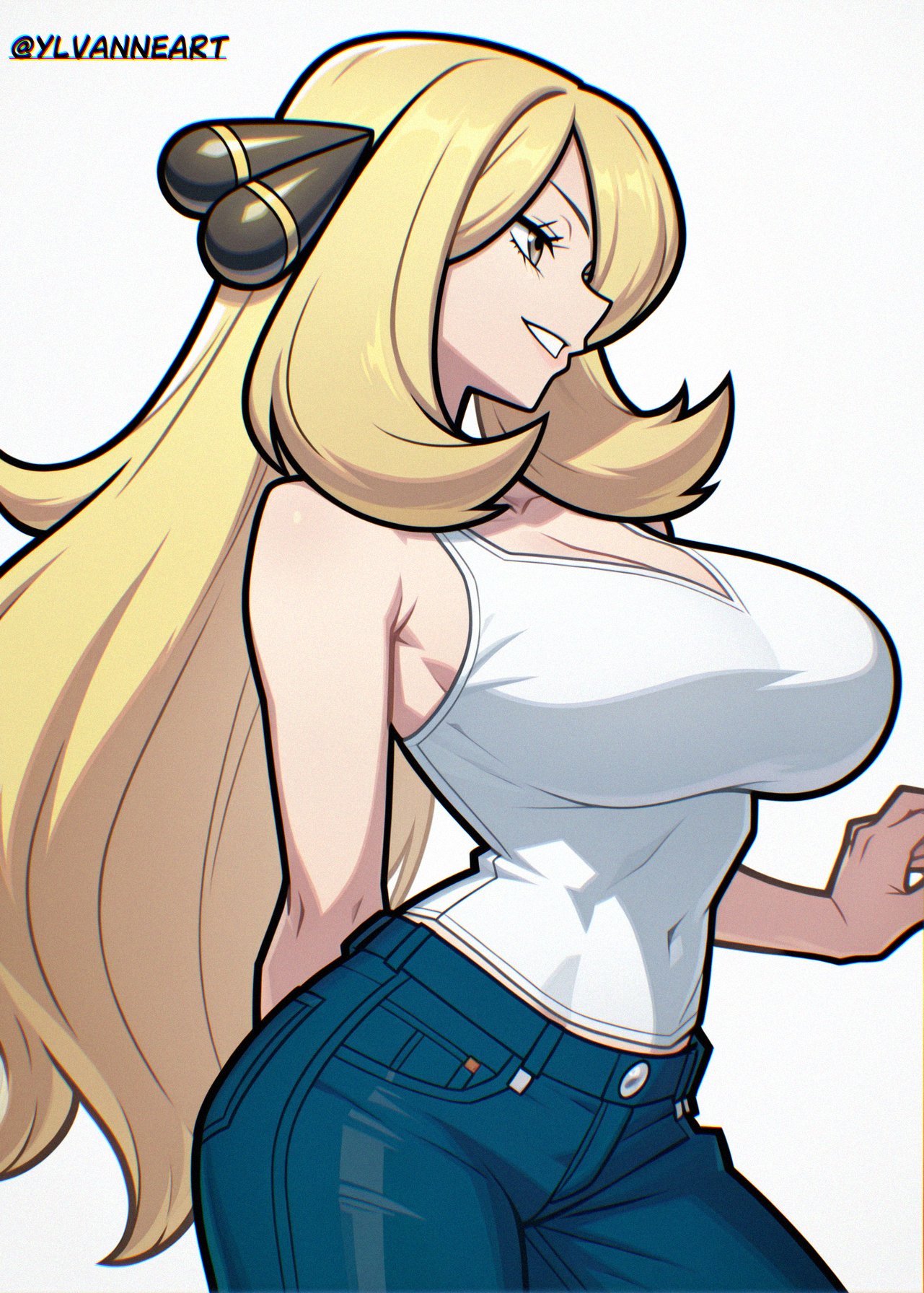 1girls, ai generated, big breasts, blonde hair, blue eyes, blue jeans, blush, breasts, busty, cleavage, collarbone, cynthia (pokemon), female, hair ornament, jeans, long hair, nintendo, pokemon, pokemon dppt, solo, ylvanne