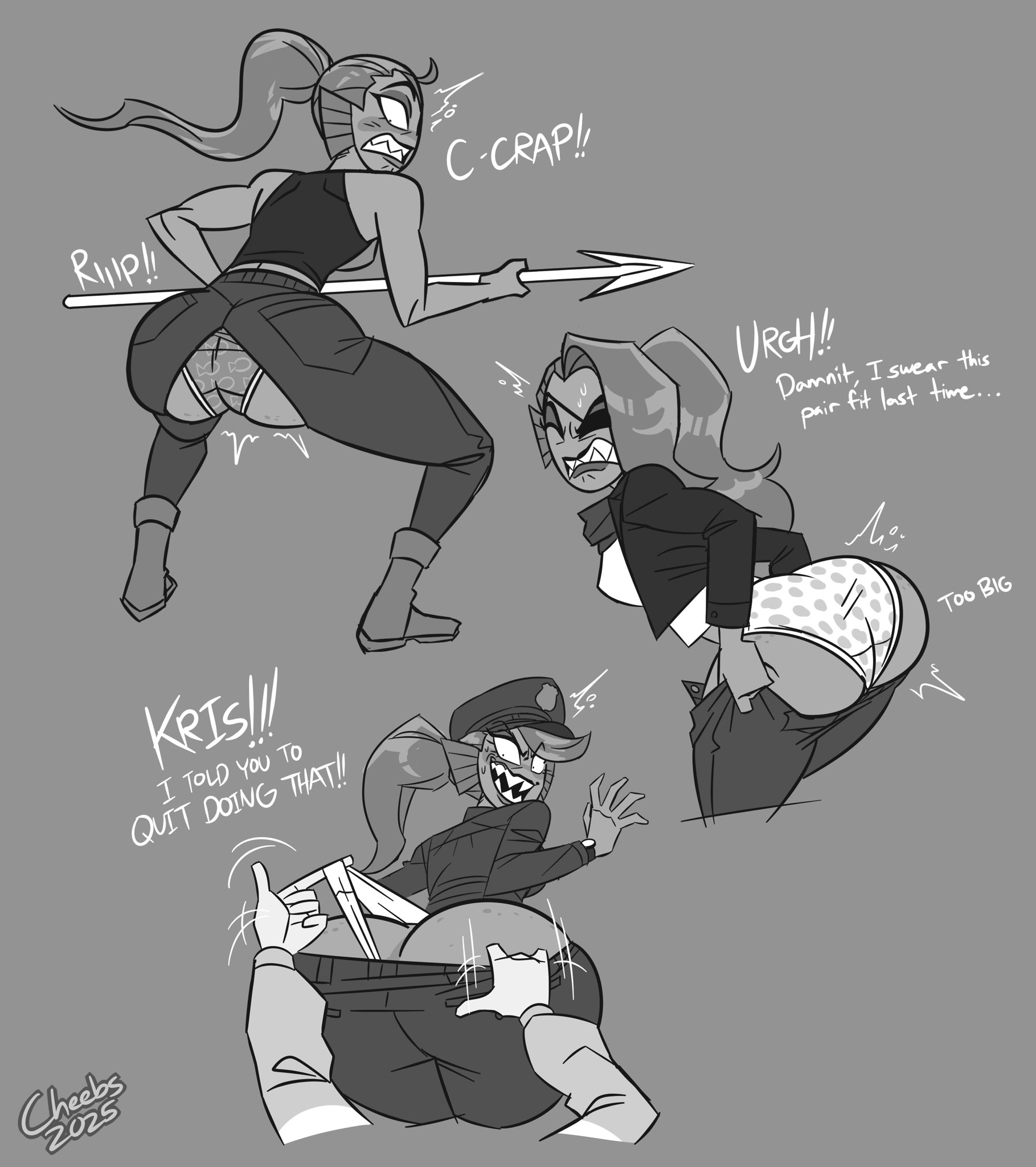 1girls, 1other, 2025, ambiguous gender, ambiguous pov, angry, ass, ass too big, back view, big ass, black and white, blush, boots, bottom heavy, breasts, cheebs, cheebsnsfw, cheebsqueano, clenched teeth, closed eyes, clothed, clothed female, clothing, deltarune, denim, ear fins, embarrassed, english text, eyepatch, female, female focus, female/ambiguous, fit female, footwear, freckles, freckles on ass, greyscale, hair, hat, headwear, hi res, holding weapon, humanoid, inconvenient ass, inconvenient butt, jacket, jeans, kris (deltarune), large ass, leaning forward, legs apart, long hair, looking back, marine, marine humanoid, medium breasts, monochrome, open jacket, open mouth, panties, pants, pants down, pants pull, panty pull, police hat, police uniform, polka dot, polka dot panties, ponytail, pov, pulling pants up, putting on pants, ripped clothing, ripped pants, sharp teeth, side view, signature, simple background, smile, smiling, spear, standing, struggling to fit, surprised, sweatdrop, tank top, teeth, text, thighs, torn clothes, torn pants, undersized clothes, undertale, undertale (series), underwear, undyne, undyne (deltarune), uniform, wardrobe malfunction, weapon, wedgie, wide hips