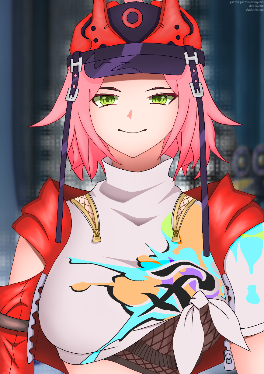 1girls background breasts cap eyes eyes_open green_eyes hair honkai:_star_rail honkai_(series) jacket nyamel oppai pink_hair rappa_(honkai:_star_rail) shirt short_jacket short_shirt skin white_skin