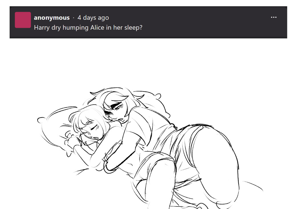 2d, 2futas, alice gunner (catgrrrlriot), arms around partner, ask blog, bed, blush, bulge, bulge through clothing, catgrrrlriot, chubby, chubby futa, clothed, clothed futa, dickgirl, dickgirl/dickgirl, dry humping, english, english text, futa on futa, futa only, futa/futa, futanari, harry gunner (catgrrrlriot), holding, holding partner, hug, hugging, hugging from behind, humping, incest, intersex, intersex/intersex, looking pleasured, monochrome, open mouth, original, original character, outercourse, panties, penis, penis under clothes, pillow, questionable consent, request, rubbing, rubbing penis, siblings, sisters, sketch, sleep molestation, sleeping, somnophilia, text, thick thighs, trans woman, transfem