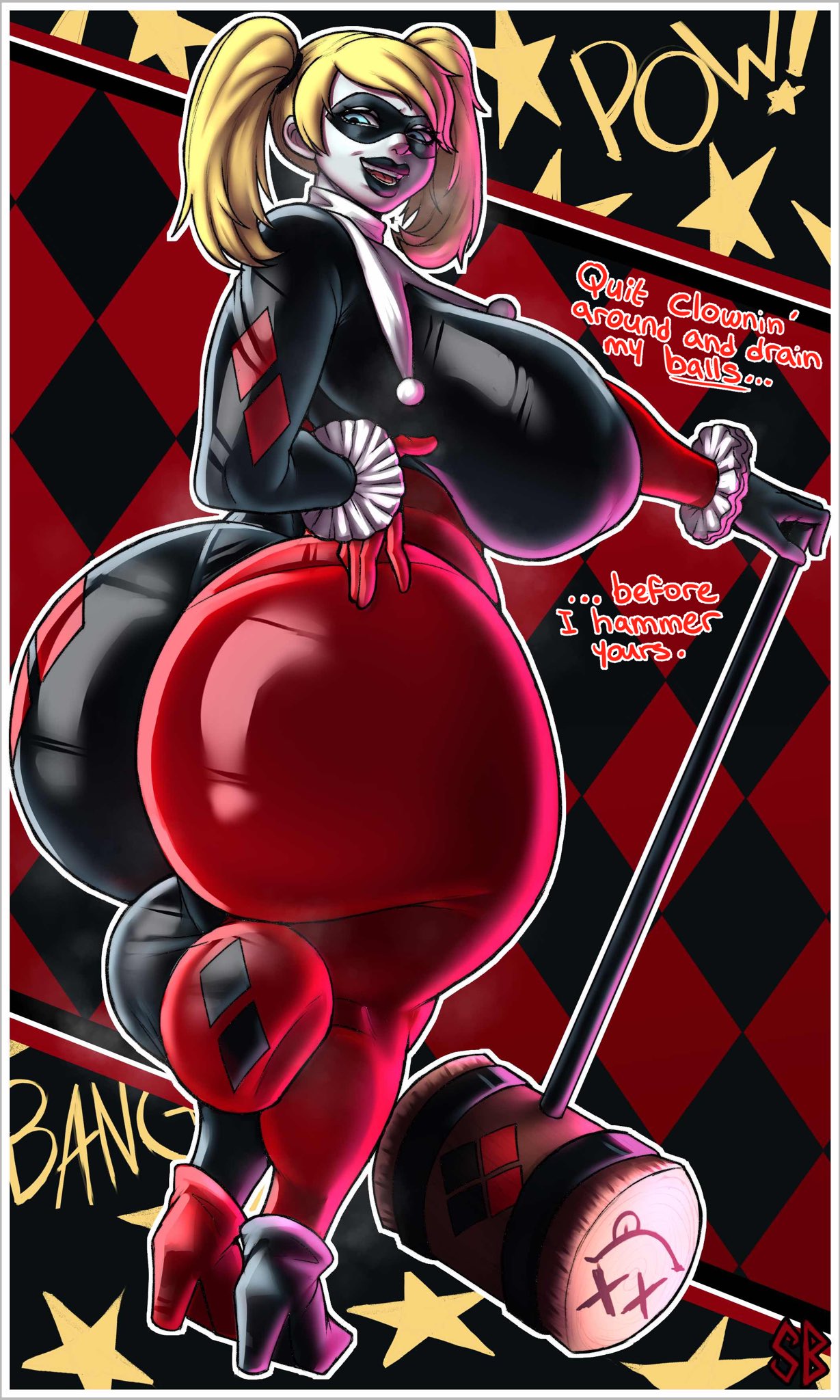 1futa, ass, ass focus, back view, balls, big ass, big ass (futa), bodysuit, breasts, dialogue, futa only, futanari, gigantic ass, gigantic breasts, harley quinn, harley quinn (classic), huge ass, huge balls, huge breasts, human, intersex, slushiebest, solo, solo futa, standing, text, venus body, venus futa, villain, voluptuous