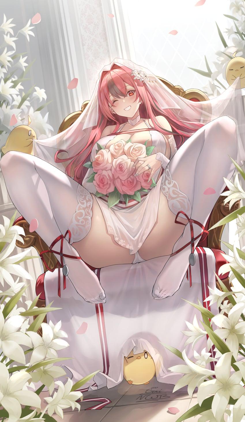 azur lane, bare shoulders, bird, blush, bouquet, breasts, bremerton (azur lane), bridal veil, cg, dress, feet, female, flower, full body, grin, hair flower, hair intakes, hair ornament, holding, holding bouquet, lace-trimmed legwear, lace-trimmed thighhighs, large breasts, legs, long hair, looking at viewer, m legs, manjuu (azur lane), multicolored hair, no shoes, one eye closed, panties, petals, pink flower, pink hair, pink rose, red hair, rose, sitting, smile, solo, spread legs, streaked hair, thighhighs, thighs, toes, two-tone hair, underwear, veil, wedding dress, white dress, white flower, white panties, white thighhighs