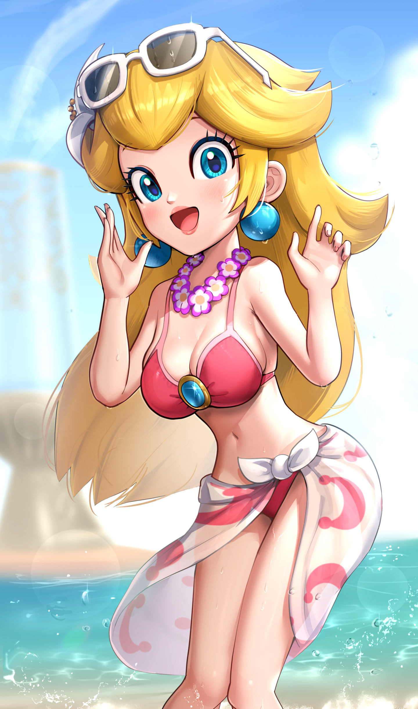 :d, 1girls, absurdres, beach, bikini, blonde hair, blue eyes, breasts, cleavage, day, earrings, eyewear on head, feet, female, female only, flower, flower in hair, flower necklace, gonzarez, highres, in-universe location, jewelry, large breasts, lips, looking at viewer, mario (series), moon print, navel, necklace, nintendo, open mouth, outdoors, pink bikini, princess peach, princess peach (swimwear), sarong, smile, solo, sphere earrings, sunglasses, sunglasses on head, super mario odyssey, swimsuit
