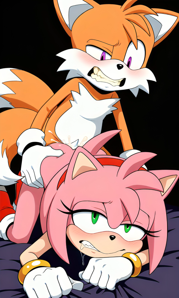 2_tails 5_fingers ai_generated alternate_universe amy_rose bedroom blush cum cum_inside dark_background doggy_style drool drooling fox fox_tail furry gloves green_eyes hedgehog_girl indoors mashed miles_prower miles_tails_prower naked nude on_bed orange_fur pink_fur pixai pleasure_face purple_eyes red_boots red_hairband red_shoes sex sonic_(series) sonic_the_hedgehog_(series) tails tails_the_fox wrist_rings yellow_teeth