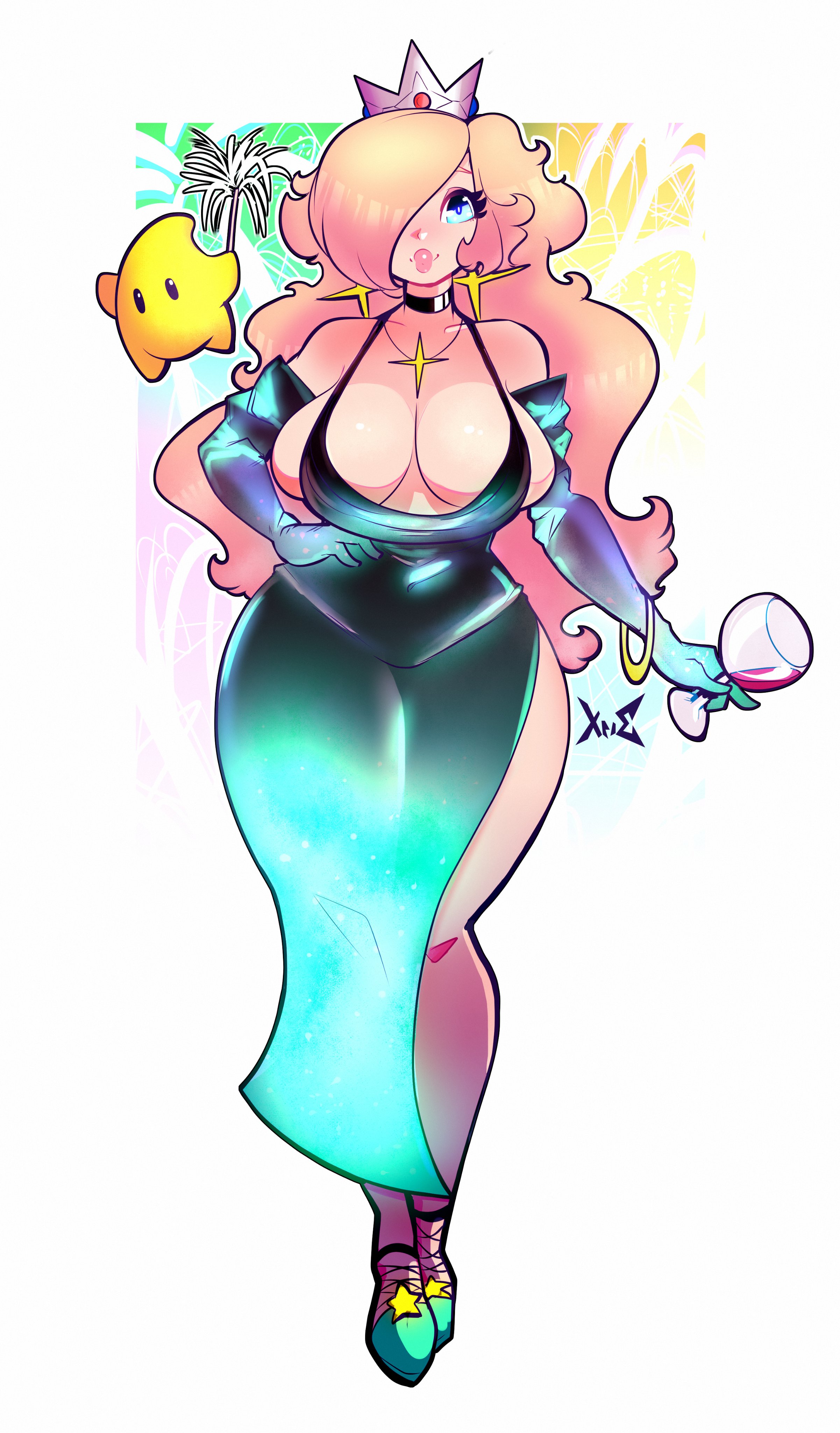 1girls, absurdres, alternate breast size, bimbo, blonde hair, breasts, cleavage, dress, female, female only, highres, large breasts, luma, mario (series), nintendo, princess rosalina, super mario galaxy, xpisigma