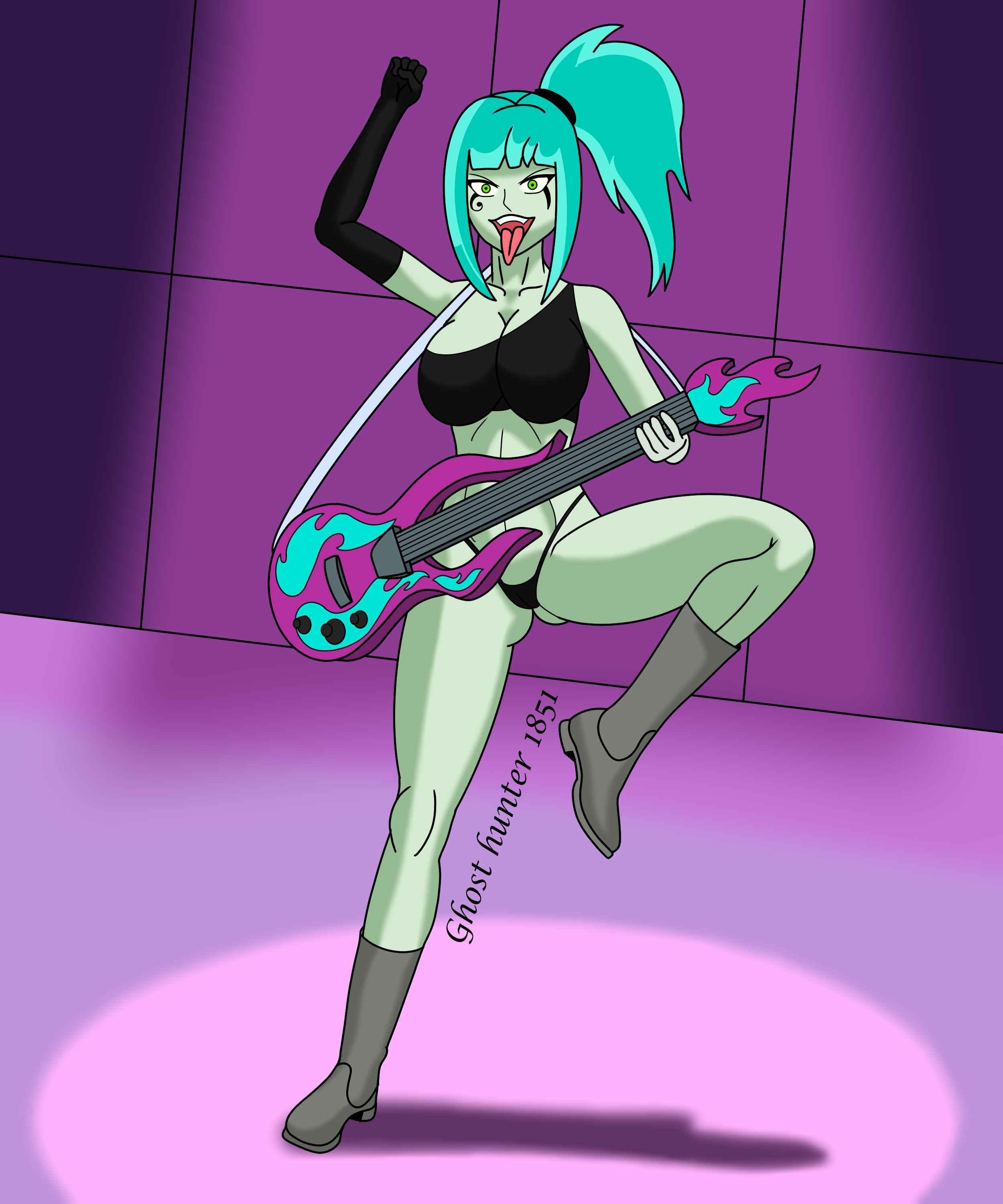 1girls, ass, blue hair, boots, bottomless, breasts, danny phantom, ember mclain, female, ghost girl, ghosthunter1851(artist), green skin, large ass, large breasts, nickelodeon, ponytail, scenario, thick legs, thick thighs, thong, thong panties
