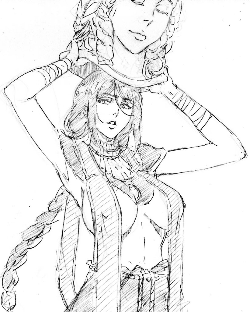 1girls, 2025, big breasts, braided hair, breasts, elden ring, female, fromsoftware, greyscale, mature female, nipples, partially clothed, rakusakugk, sketch, solo, solo female, sorceress, sorceress sellen, teacher