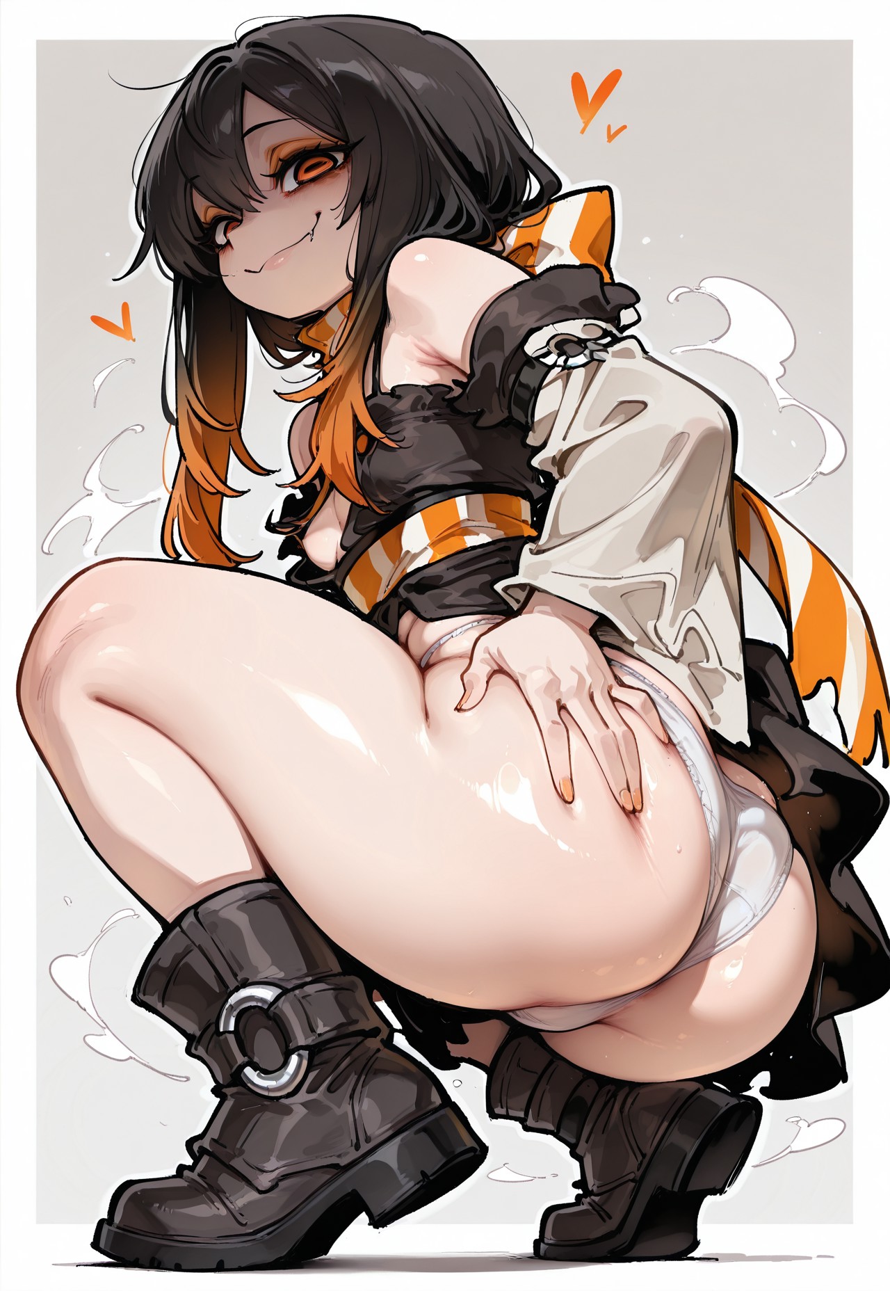 1girls, ai generated, amo empool, ass grab, big ass, gachiakuta, looking at viewer, looking down, partially clothed, small breasts, solo, solo female, squatting