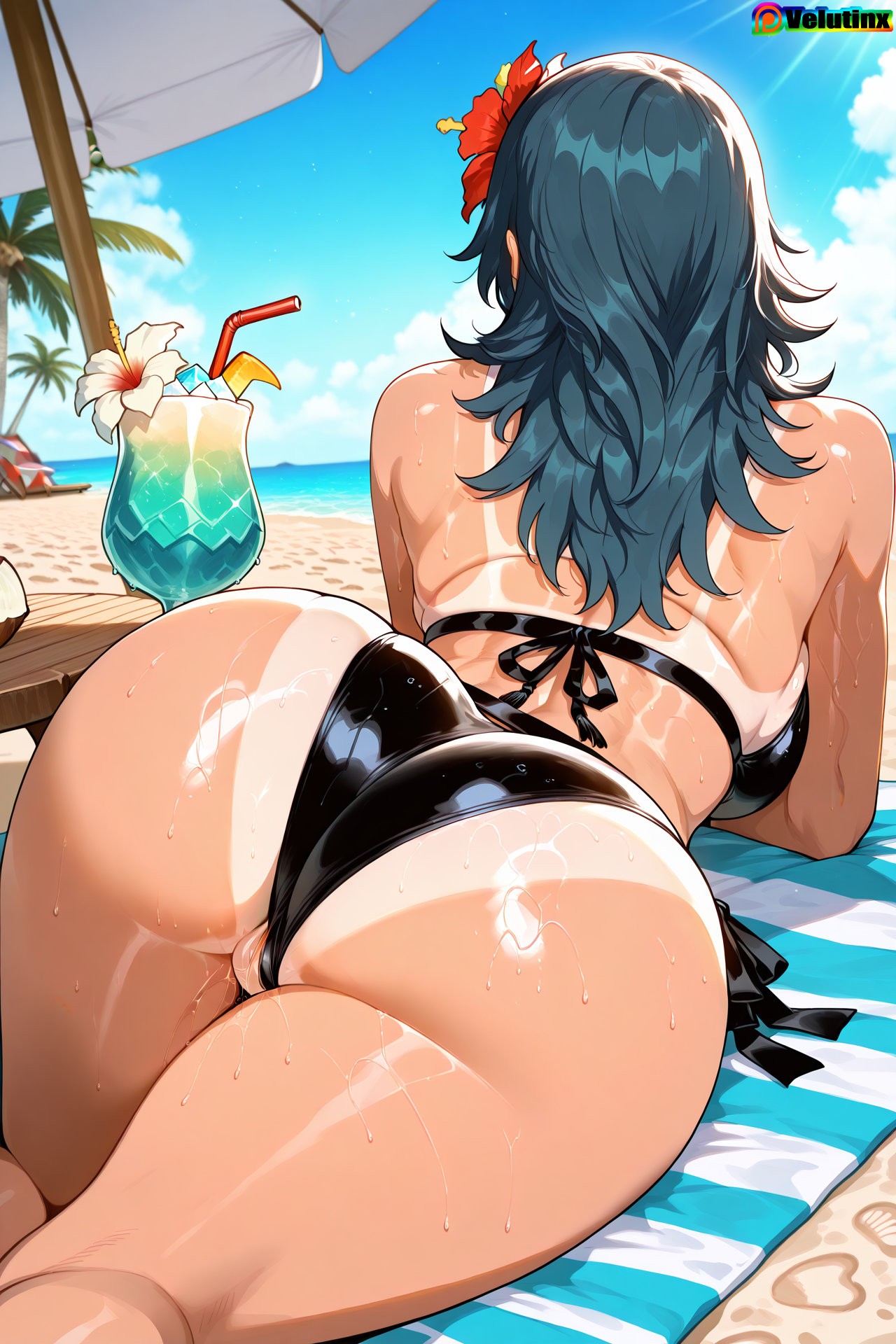 1girls, absurd res, absurd resolution, absurdres, ai, ai generated, ass, ass focus, back view, backboob, big ass, big breasts, breasts, byleth (fire emblem), byleth (fire emblem) (female), curvaceous, curvy, curvy body, curvy female, curvy figure, dark green hair, deep skin, eyelashes, female, female only, fire emblem, fire emblem: three houses, flower, flower in hair, green hair, hi res, high quality, high resolution, highres, huge ass, light skin, light-skinned female, mature, mature female, pale skin, pale-skinned female, pussy, pussy juice, pussy juice drip, self upload, skindentation, solo, sweat, sweating, swimsuit, swimsuit aside, tan, tan body, tan skin, tan-skinned female, tanline, teal hair, toned, toned female, velutinx, voluptuous, voluptuous female, watermark, wide hips