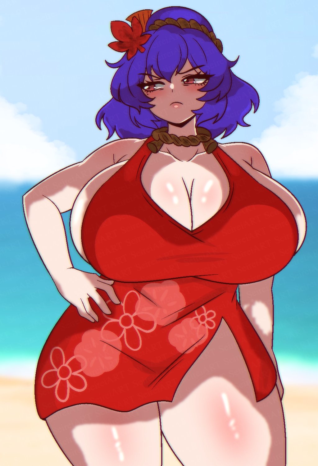 1girls, beach, big breasts, breasts, cleavage, clothed female, fat thighs, female, goddess, huge breasts, kanako yasaka, light skin, light-skinned female, purple hair, red dress, red eyes, seireiart, sky, solo, solo female, thick thighs, thighs, touhou, water