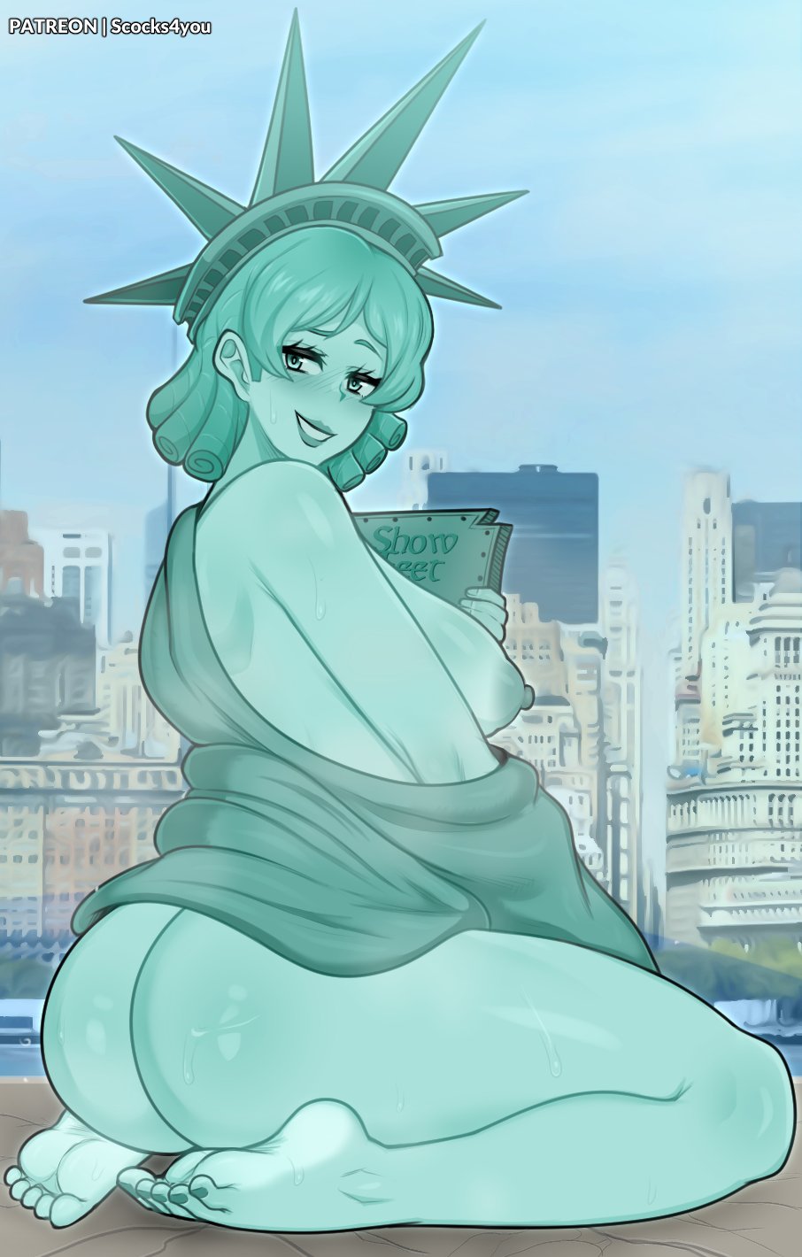 1girls, 2023, areolae, ass, blush, breasts, detailed background, feet, female, female only, fine art parody, green body, green eyes, green hair, grin, grinning at viewer, hi res, kneeling, looking at viewer, national personification, nipples, public domain, ringlets, scocks4you, smiling, smiling at viewer, solo, statue of liberty, thick ass