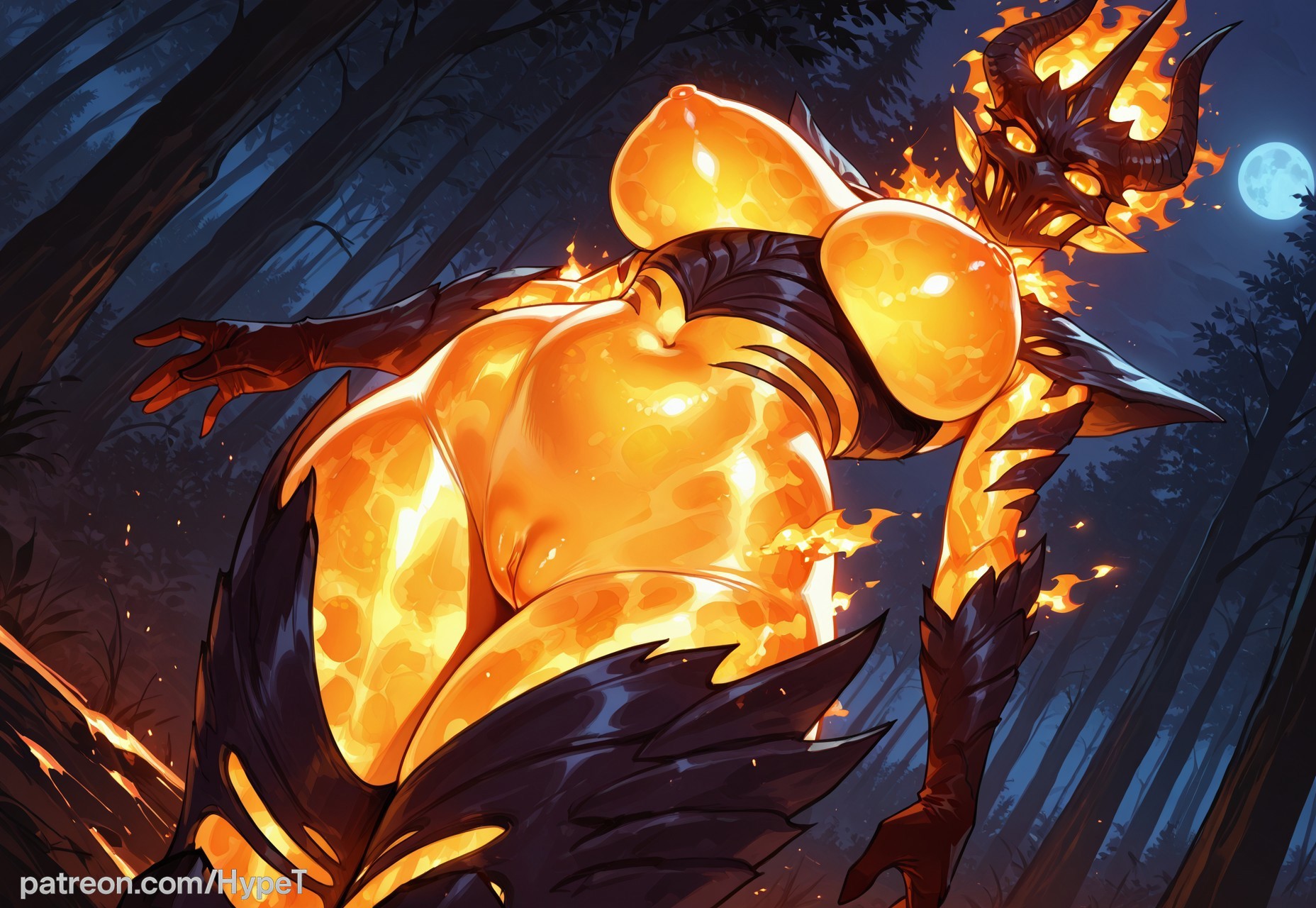 ai generated, alternate version at source, ass, back view, big breasts, breasts, breasts out, fantasy, female, female only, flame atronach, hypet, looking at viewer, outdoors, pussy, solo, standing, the elder scrolls iv: oblivion, thick, thick ass, thick legs, thick thighs, wide hips