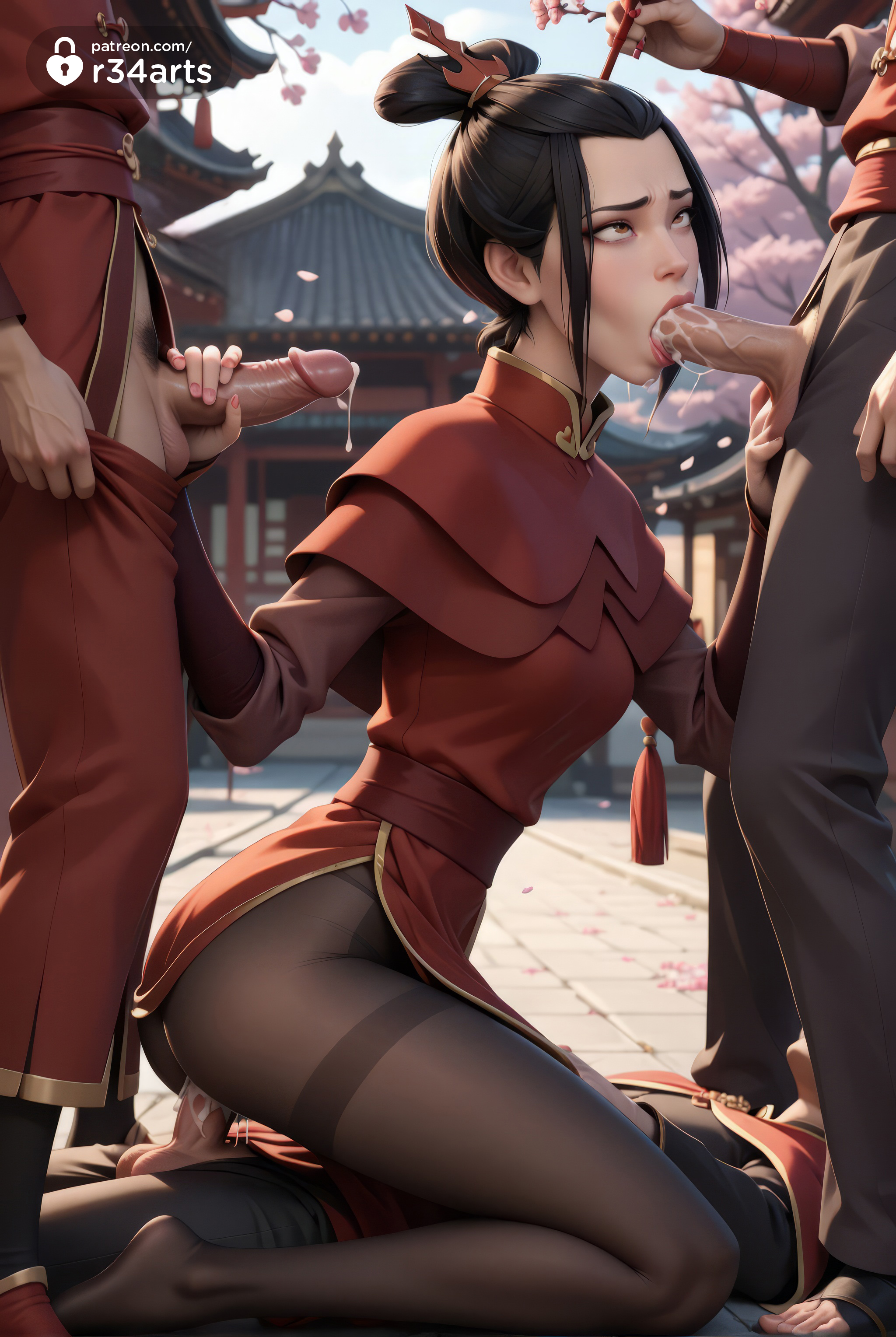 1girls, 3boys, ai generated, architecture, avatar legends, avatar the last airbender, azula, balls, black hair, black pantyhose, blowjob, brown eyes, cherry blossoms, chinese clothes, clothed sex, cowgirl position, cum, cum in mouth, cum in pussy, cum overflow, double penetration, east asian architecture, erection, fellatio, female, gangbang, group sex, hair ornament, handjob, hi res, male, male pubic hair, multiple boys, multiple males, nickelodeon, nicktoons, oral, outdoors, pantyhose, penis, pubic hair, pussy, r34arts, sex, solo focus, straddling, straight, testicles, thighband pantyhose, torn clothes, uncensored, vaginal penetration