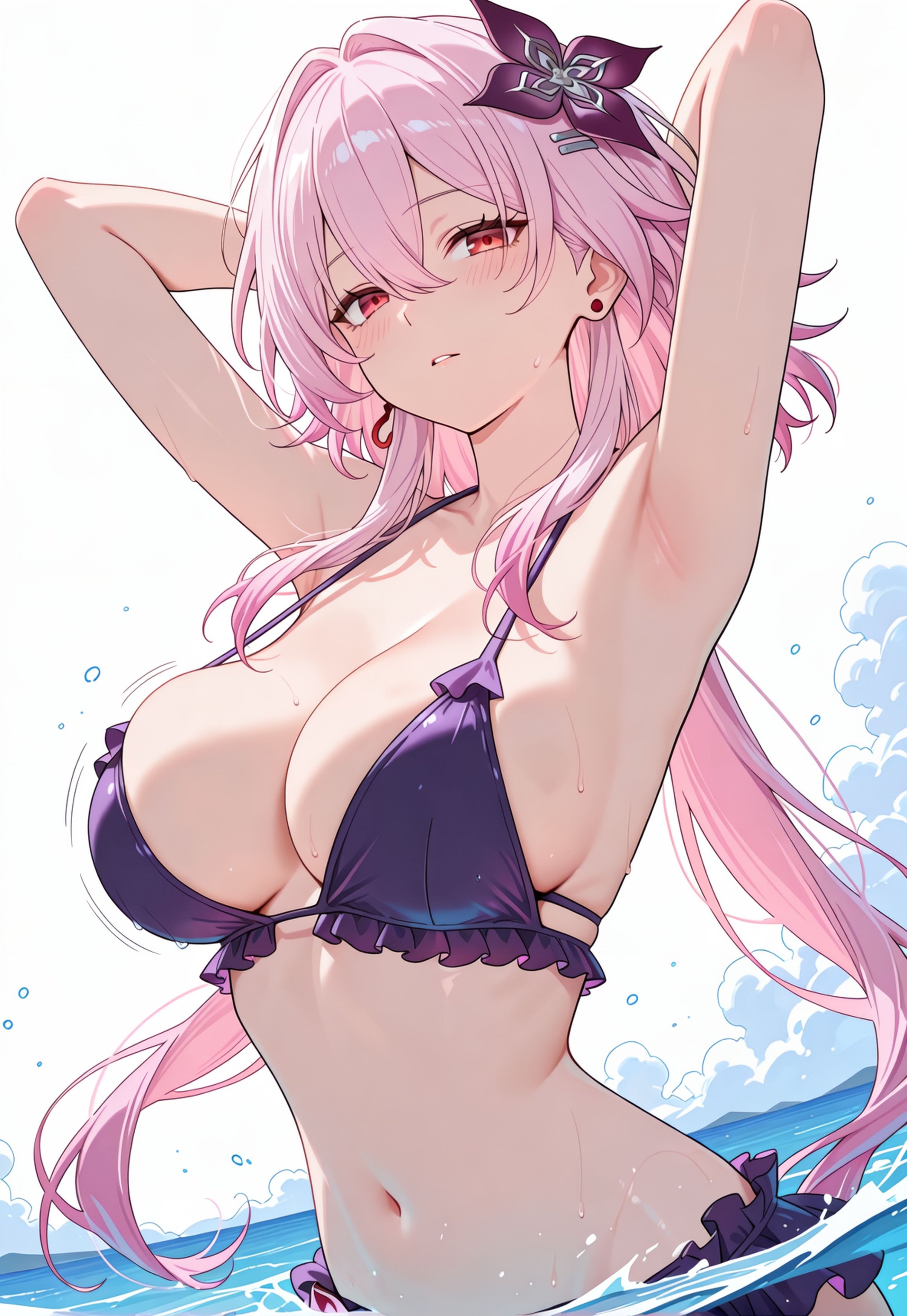 1girls, ai generated, armpits, arms up, breasts, evernight (honkai: star rail), female, honkai: star rail, hoyoverse, long hair, march 7th (honkai: star rail), mihoyo, pink hair, purple swimsuit, red eyes, swimsuit, water
