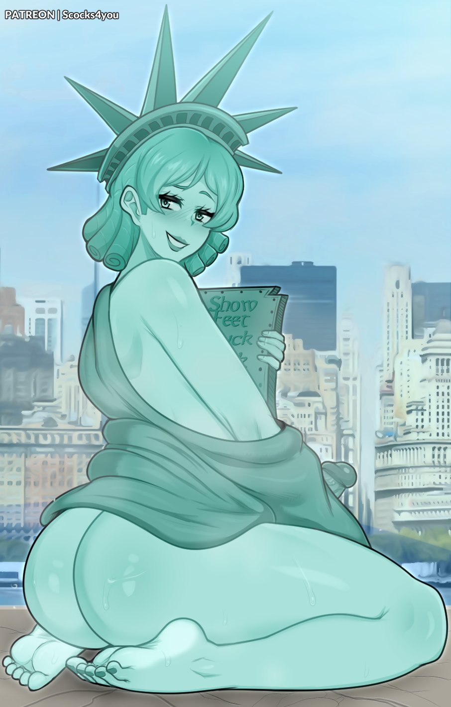 1boy, 2023, ass, blush, detailed background, erect penis, feet, femboy, feminine male, fine art parody, girly, green body, green eyes, green hair, grin, grinning at viewer, hi res, kneeling, looking at viewer, male, male only, national personification, penis, public domain, ringlets, scocks4you, smiling, smiling at viewer, solo, statue of liberty, thick ass