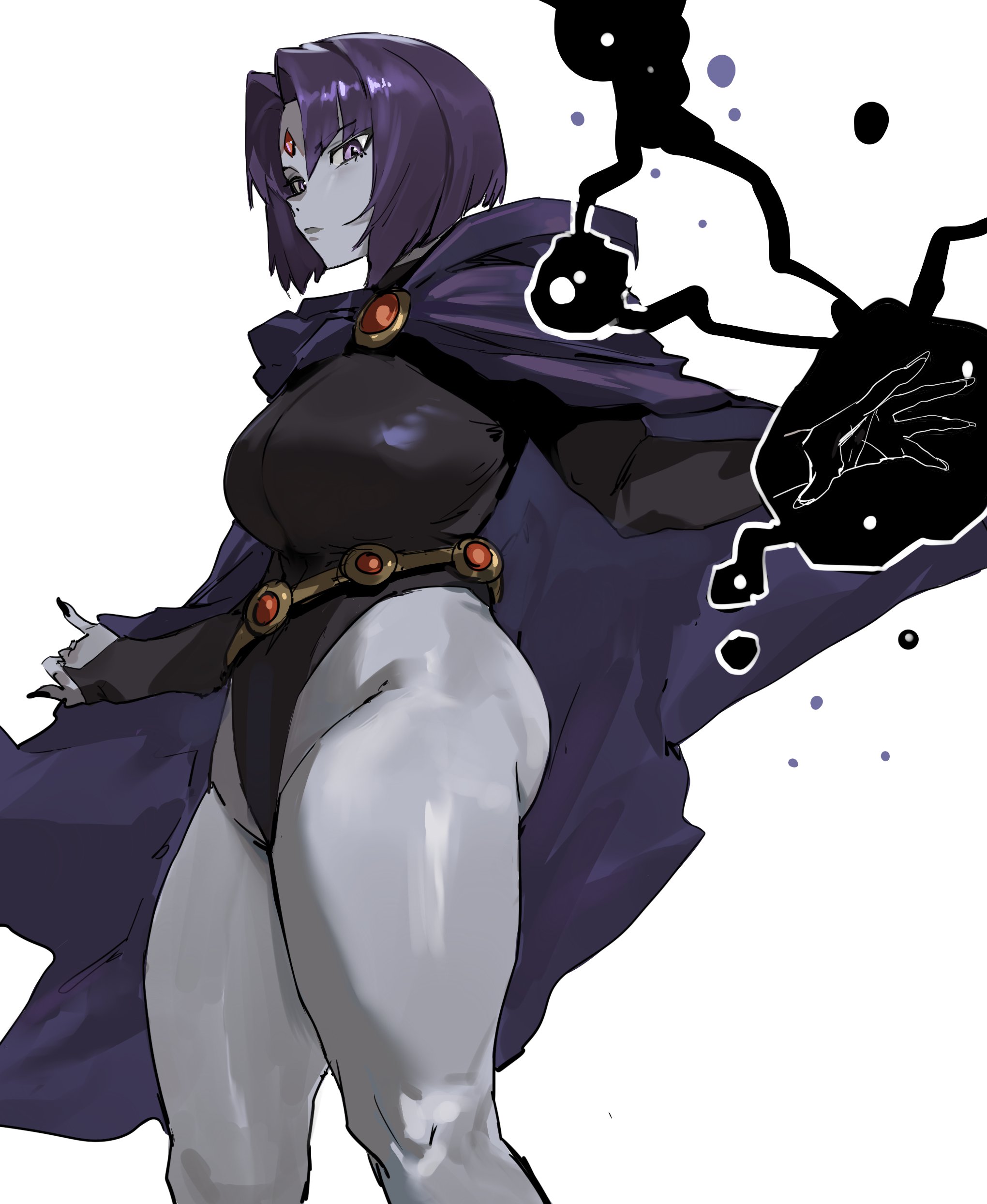 1girls, ass, big breasts, breasts, clothed, clothed female, dc, dc comics, female, female focus, female only, gray skinned female, grey skin, grey skinned female, heroine, large boobs, large breasts, leotard, purple hair, purple-haired female, rachel roth, raven (dc), short hair, solo, solo female, solo focus, superheroine, taiyang yu, teen titans, thick thighs, thighs, white background