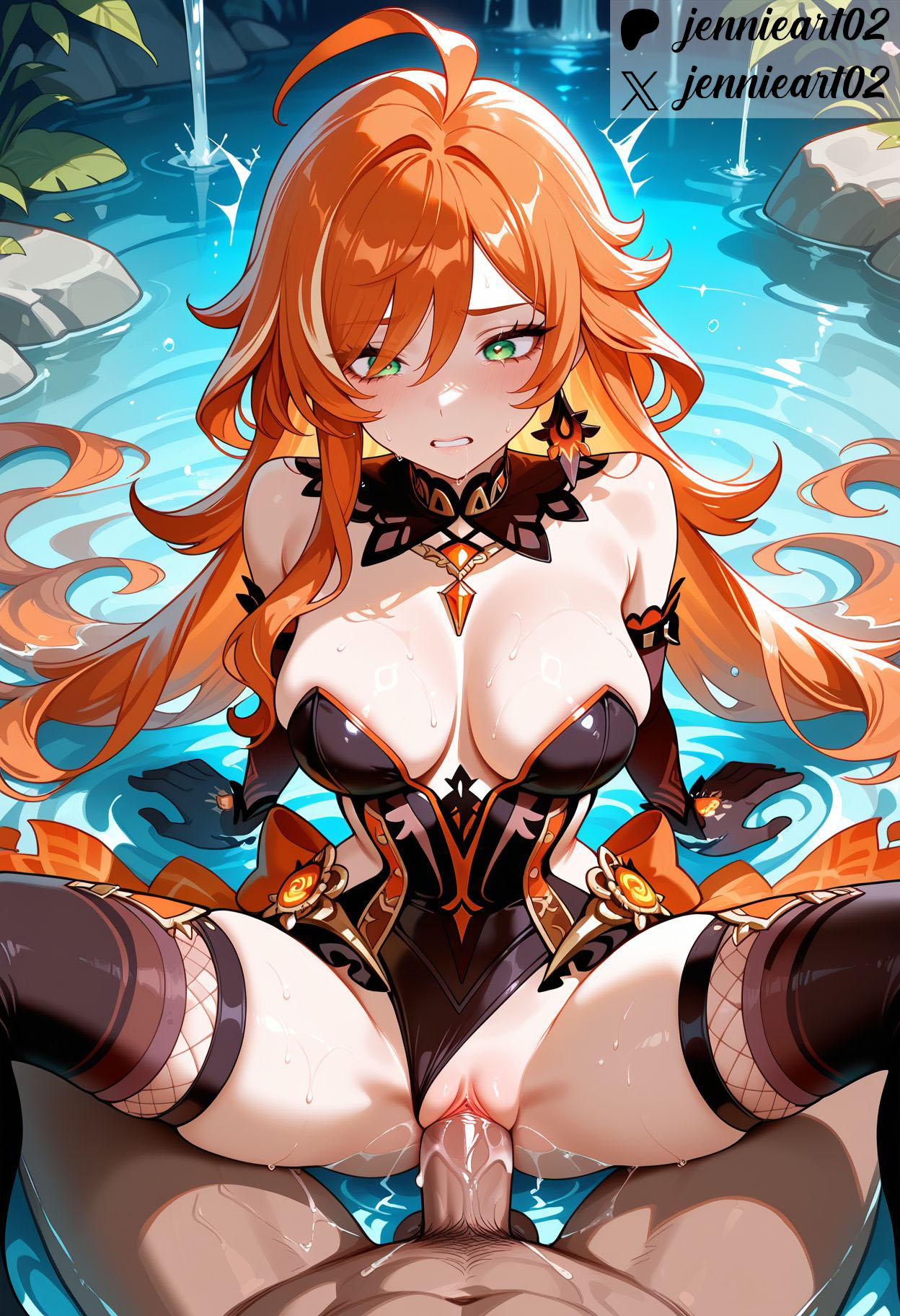 1boy, ahoge, ai generated, areola slip, areolae, arm support, bangs, bare shoulders, black gloves, black legwear, black one-piece swimsuit, black thighhighs, blush, breasts, clavicle, cleavage, clenched teeth, clitoris, clothing, clothing aside, covered navel, cowgirl position, detached collar, earrings, elbow gloves, female, fishnets, genital fluids, genshin impact, gloves, green eyes, highleg, jennieart02, jewelry, large breasts, legwear, leotard, long hair, looking at viewer, male, mavuika (genshin impact), nakadashi, navel, nipples, nude, on top, orange hair, outdoors, partially submerged, patreon, patreon logo, patreon username, penis, pussy, semen, sex, sitting, smile, solo focus, spread legs, straddling, straight, sweat, swimsuit, symbol-shaped pupils, tagme, teeth, thighhighs, thighs, twitter, twitter username, vagina, vaginal penetration, very long hair, water, watermark, wet