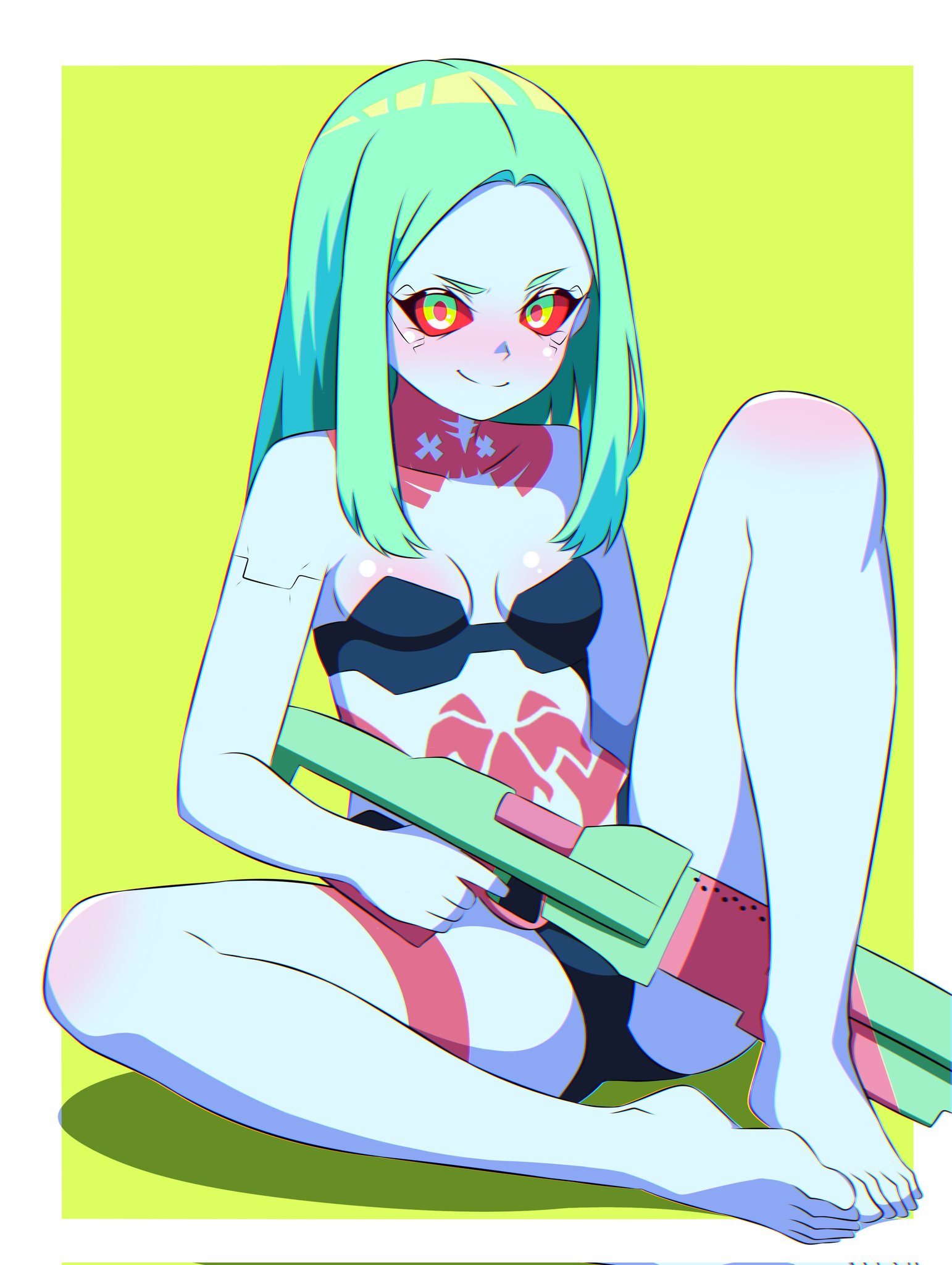 1girls, b1iz4rd, clothing, cyberpunk 2077, cyberpunk: edgerunners, female, firearm, gun, human, looking at viewer, no artist signature, nonsexual, pale skin, rebecca (edgerunners), shotgun, skimpy clothes, smiling, solo, tagme, tattoos, weapon