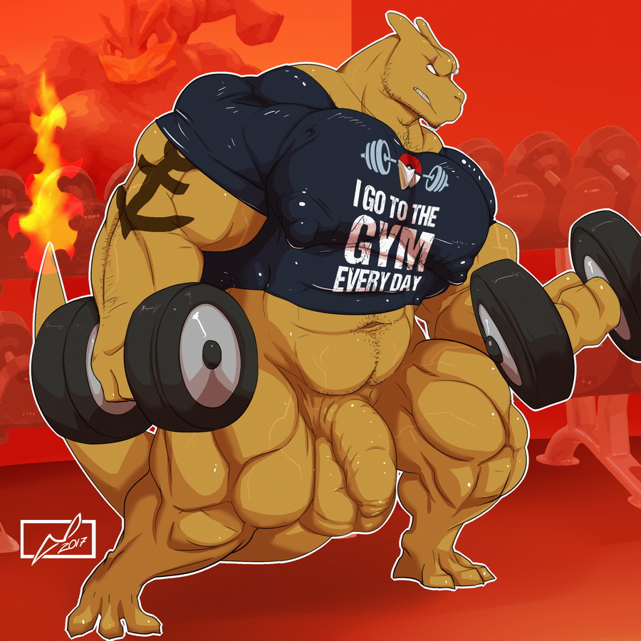 2017 3_toes 4_fingers abs anthro anthrofied balls barefoot biceps big_balls big_muscles big_penis biped blue_eyes bottomless brown_horn brown_scales brown_tail charizard charkonian_graotl_ard clenched_teeth clothed clothing danandnite detailed_background digital_media_(artwork) dragon dumbbell exercise eye_scar facial_scar fan_character flaccid flaming_tail foreskin front_view full-length_portrait gym holding_object horn humanoid_penis inside jewelry long_tail male male_only manly muscular muscular_male navel necklace nintendo nipple_bulge nipples pecs pendant penis pink_nipples pokémon_(species) pokemon pokemon_(species) pokemorph portrait quads scales scalie scar signature snout solo standing tattoo teeth thick_tail toes uncircumcised uncut video_games weightlifting weights workout