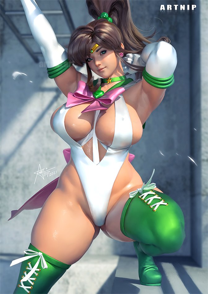 1girls, armpits, artnip, ass, ass visible through thighs, big ass, big breasts, bishoujo senshi sailor moon, breasts, brown hair, cameltoe, choker, fat ass, female, gloves, gold (metal), gold jewelry, green eyes, heroine, high heels, huge breasts, large breasts, light skin, light-skinned female, looking at viewer, makoto kino, nipple bulge, nipples visible through clothing, plump, ponytail, posing, posing for the viewer, pussy, ribbon, sailor jupiter, sexy, sexy pose, shiny skin, stockings, superheroine, sweat, sweatdrop, sweating, sweaty, thick thighs, thighhighs, thunder thighs, tight clothing, top heavy, venus body, voluptuous, voluptuous female, wide hips